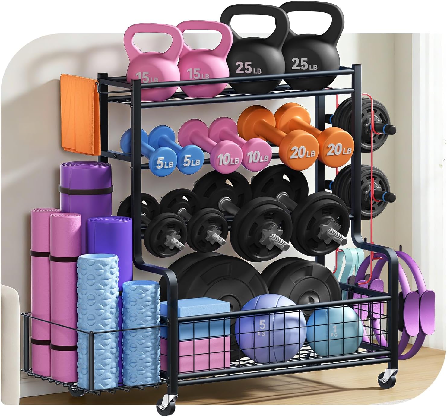 4 Tiers Large Capacity Dumbbell Rack [Thickened High-Strength Steel] Home Gym Storage for Dumbbells Kettlebells Yoga Mat and Balls, All in One Workout Storage Rack with Wheels and Hooks