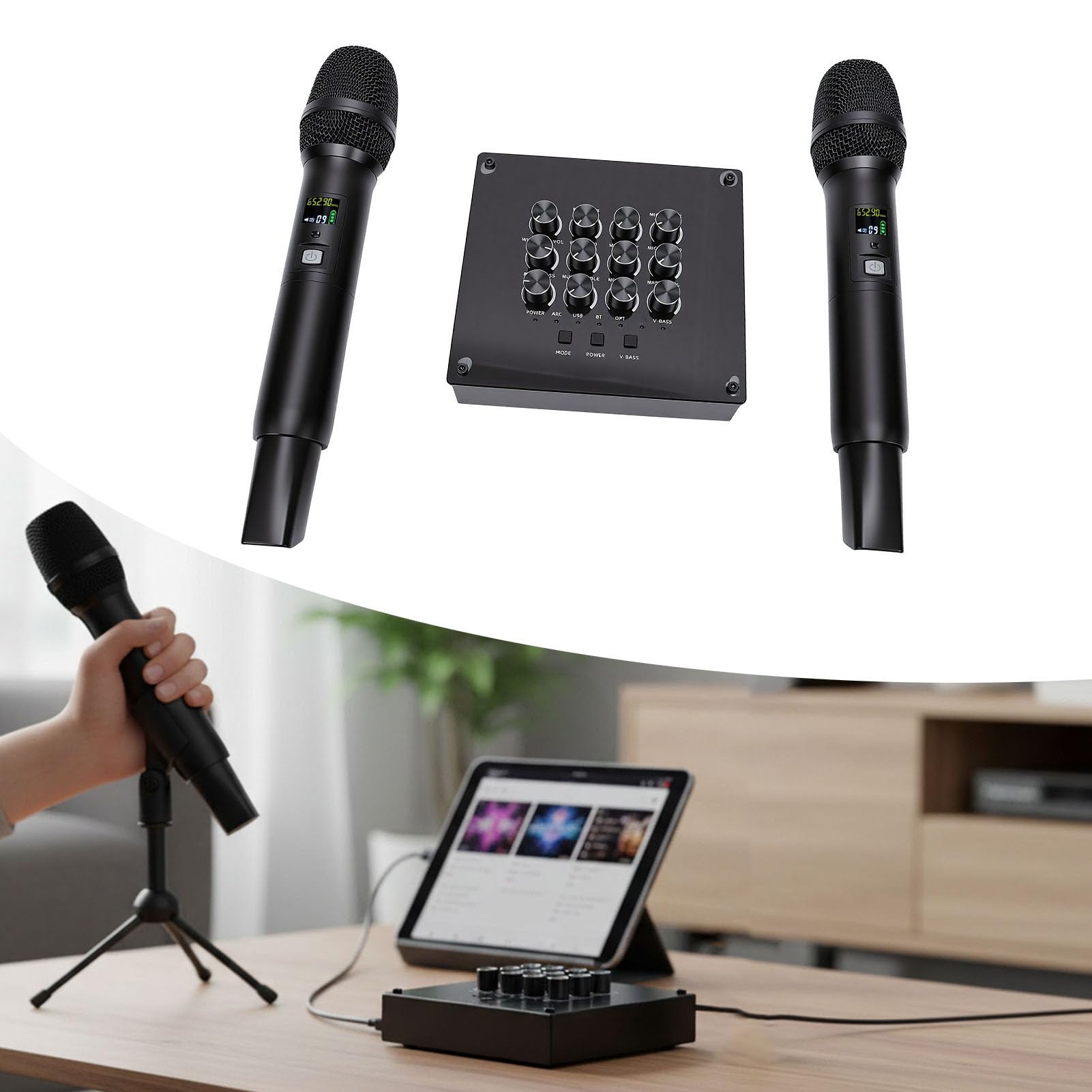 SENECESLI Bezprzewodowy System Mikrofonowy, Profesjonalny Podwójny Mikrofon do Karaoke UHF ze Zintegrowanym Korektorem, Krystalicznie Czysty Dźwięk, Bezprzewodowa Konstrukcja dla Karty