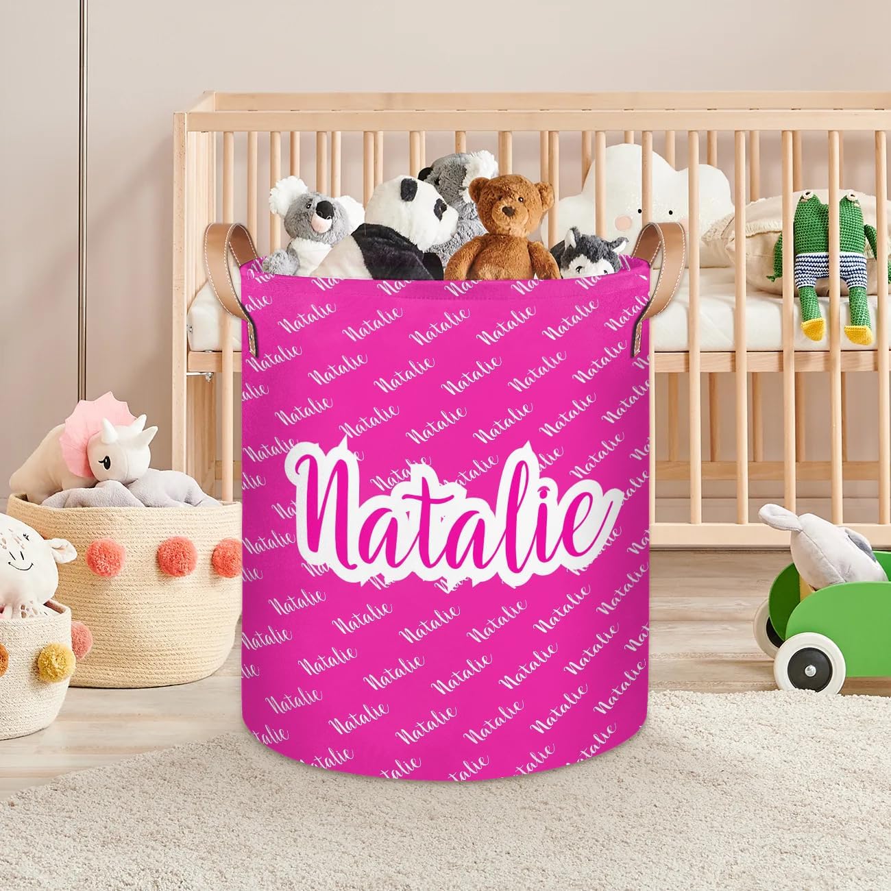 Personalized Laundry Basket, Custom Gift Laundry Hamper, Collapsible Nursery Waterproof Laundry Baskets, Dirty Clothes Toy Hamper with Handles Name Hot Pink