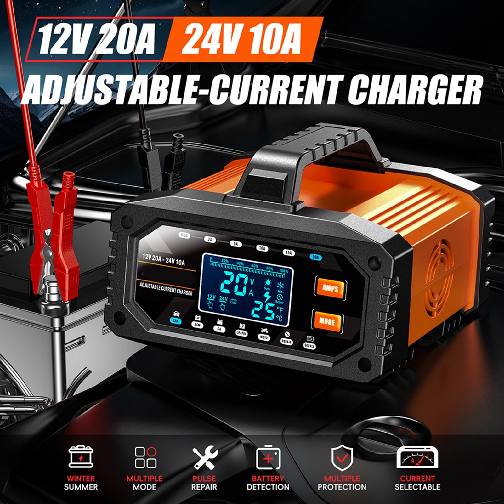 Tbest Ładowarka Akumulatorów 12V 20A 24V 10A Inteligentna ładowarka Podtrzymująca Automatyczny Konserwator Akumulatorów Odsiarczający z Trybem Naprawy do Samochodowych (wtyczka UE)