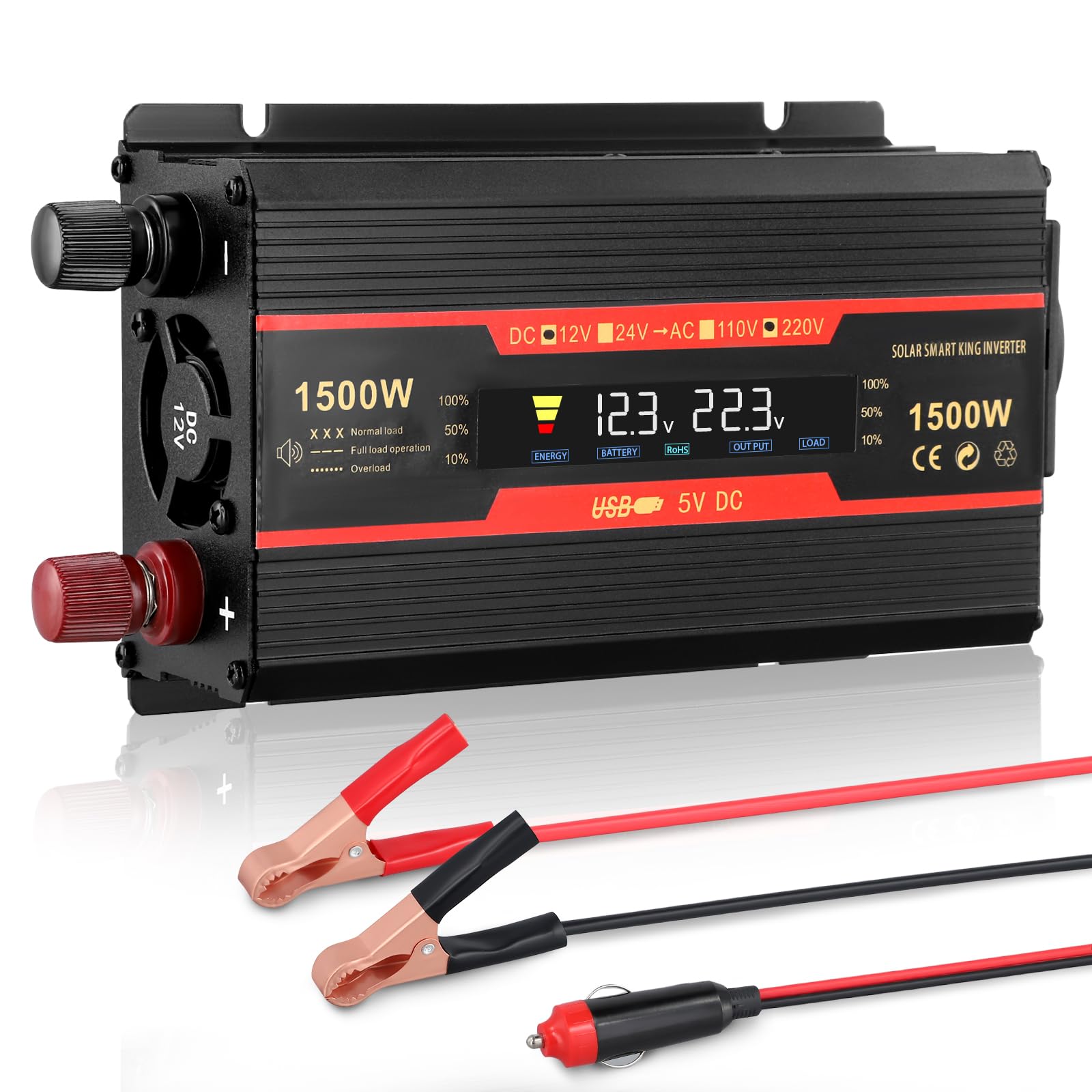 Spannungswandler 12v 230v,wechselrichter 1500w,mit Alligatorclip Zigarettenanzünder Stecker,1 Ac Steckdose & 2 Usb Port,power Inverter Für Auto