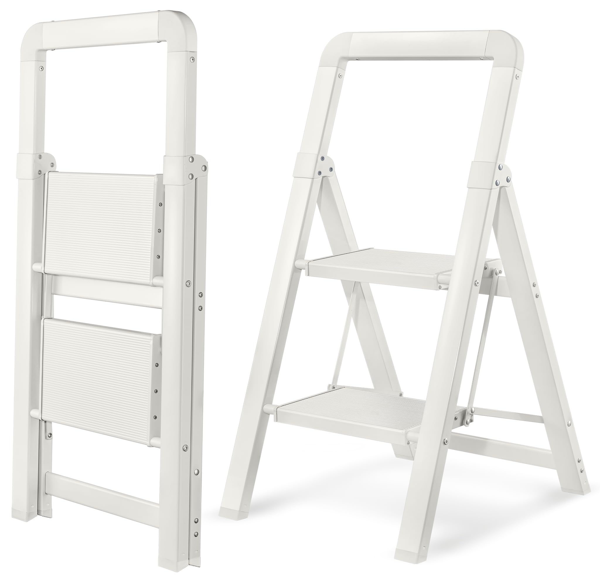 Bibkoke White Finish Step Ladder 2-Step Aluminum Folding Step Ladders,Anti-Slip Max 330 Lbs