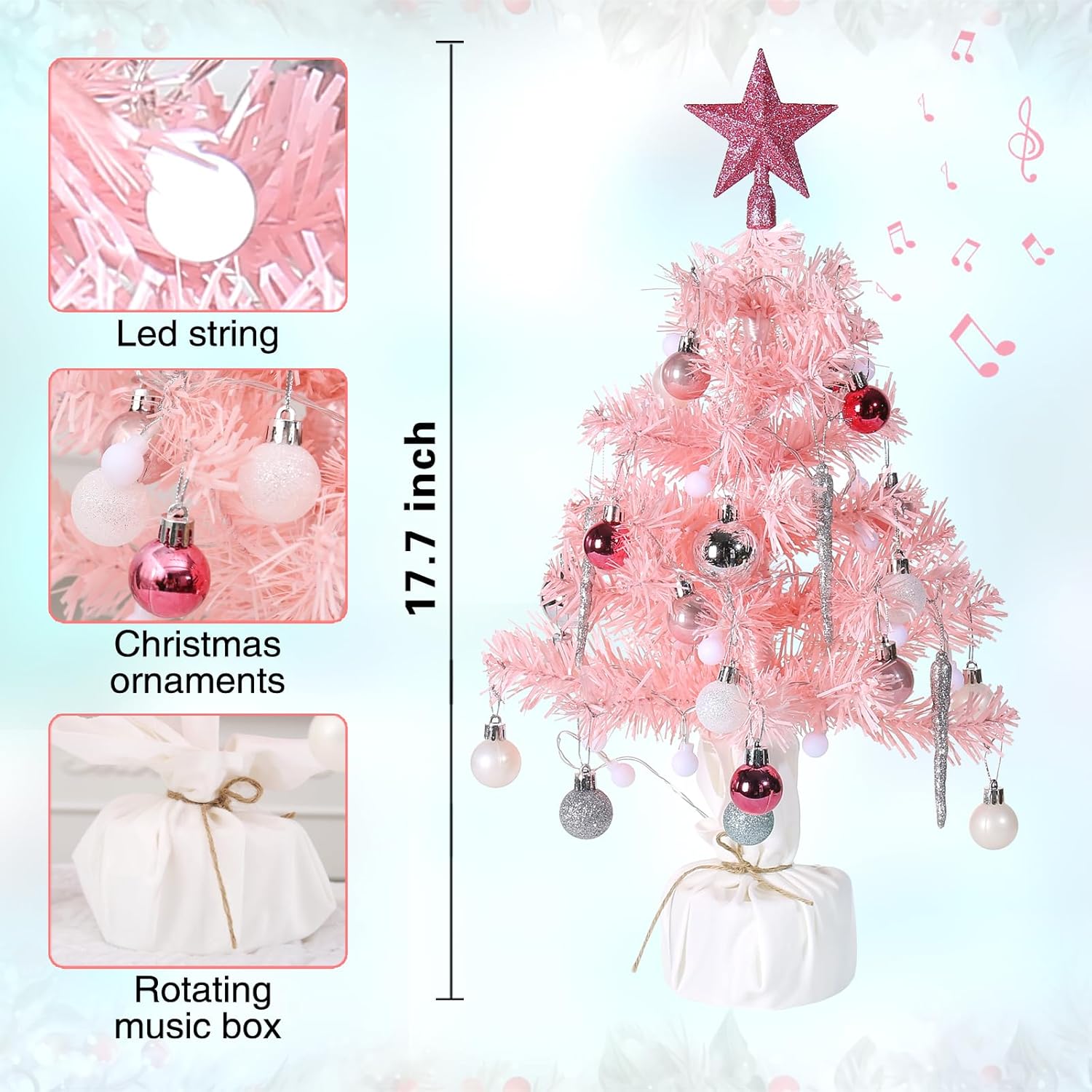 Mini Pink Christmas Tree, Small Christmas Tree with Music Tabletop Artificial Prelit Xmas Tree Christmas Decorations Indoor Outdoor for Home Decor Party Gifts