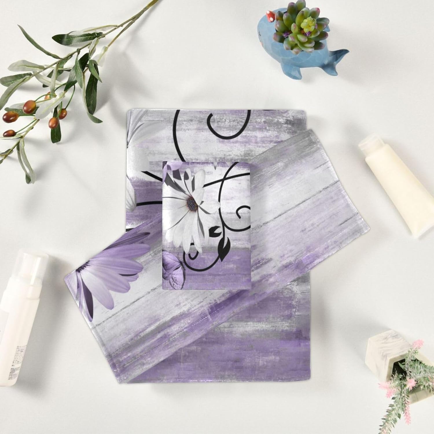 Purple White Butterfly Bath Towels Set,3 Piece Soft Rustic Daisy Floral Country Towel Set,1 Bath Towel 1 Hand Towel 1 Washcloth,Absorbent Decorative Bathroom Towels for Kitchen Shower Face