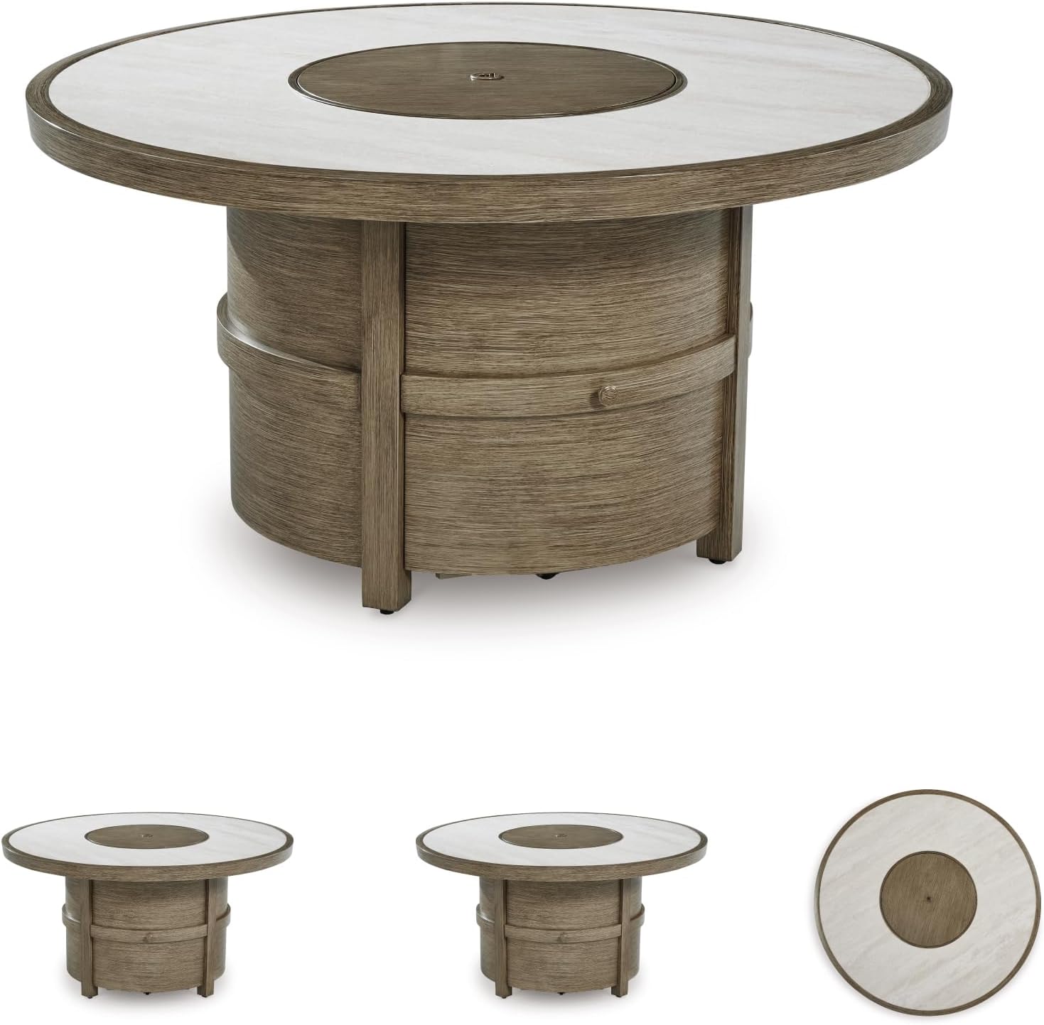 Signature Design by Ashley Rainier Ranch Contemporary Sintered Stone Tabletop Outdoor Fire Pit Table with Pedestal Base, Light Brown & Beige