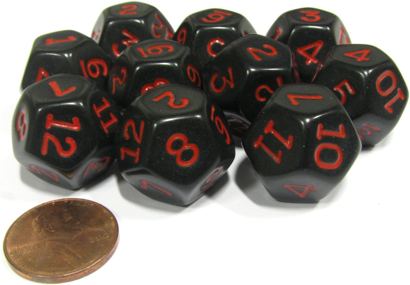 Set of 10 D12 12-Sided 18mm Opaque RPG Dice - Black with Red Numbers