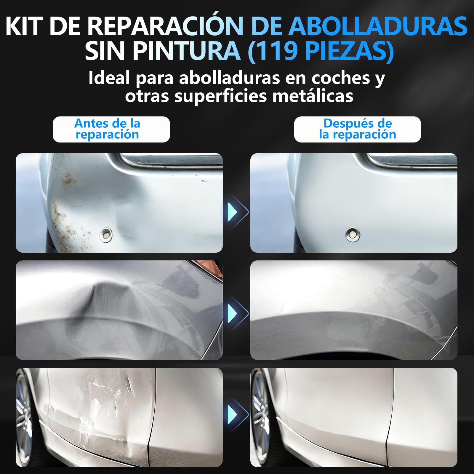 Kit Extractor Abolladuras Coche 119Pcs - Sacabollos Coche Ventosa Kit Sin Pintura Herramienta de Reparación Chapa Kit de Quita Desabollado para Reparación Daños Granizo Automóviles