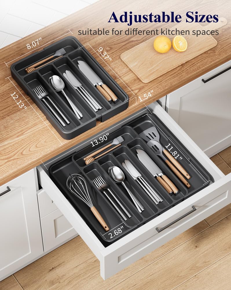 Organizador de cajones de cubiertos para cocina, bandeja de cubiertos ajustable para clasificación de utensilios sin esfuerzo, solución versátil de almacenamiento y organización de cocina 6