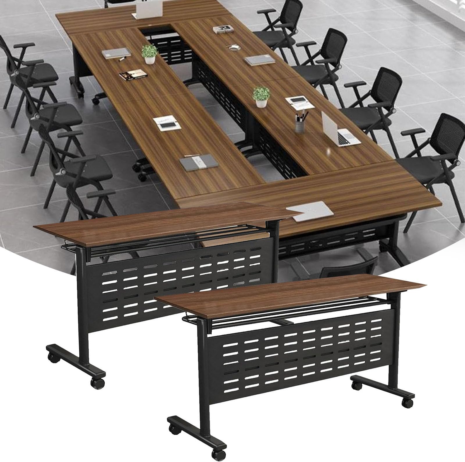 Folding Conference Table for 6-12 People, Portable Wheeled Rectangular Meeting Table, Walnut Finish, Ideal for Office Training & Events, Large Seminar Table