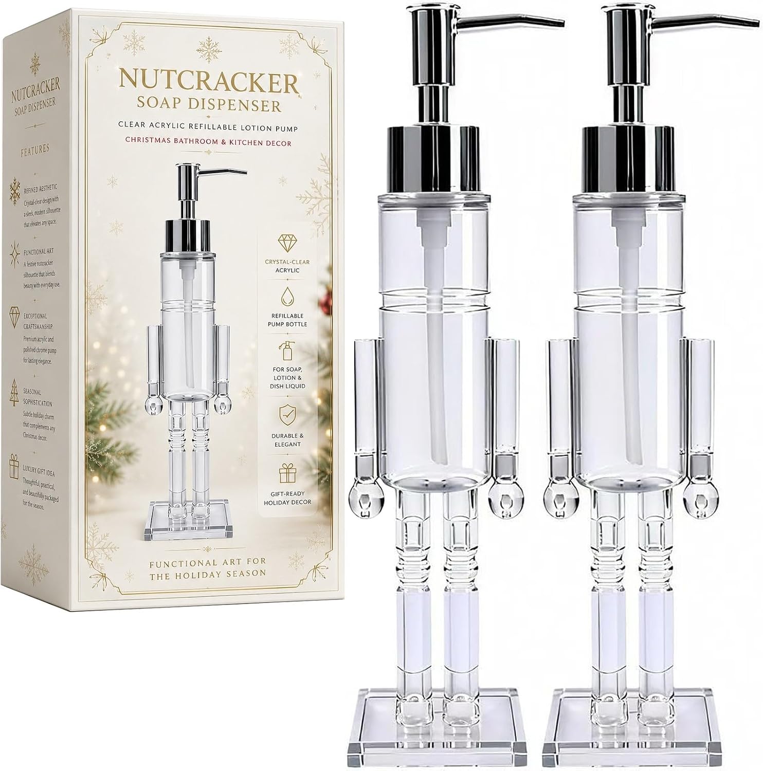 Christmas Nutcracker Soap Dispenser, Refillable Lotion Pump with Bottle