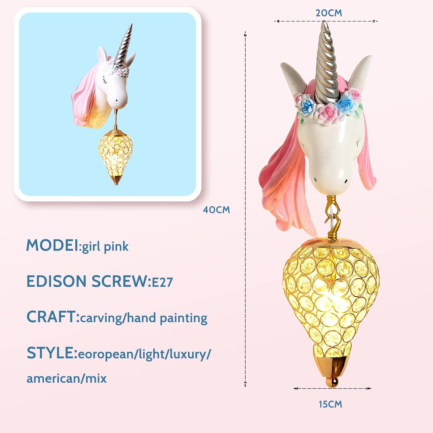 PURESILKS Pink Unicorn Wall Lamp, Wall Sconce for Room Decor, Unicorn Crystal Hollow-Out Ball Wall Decor Lamp, Girls Bedroom Wall Light, LED Night Light for Children Kindergarten Bedroom Decoration