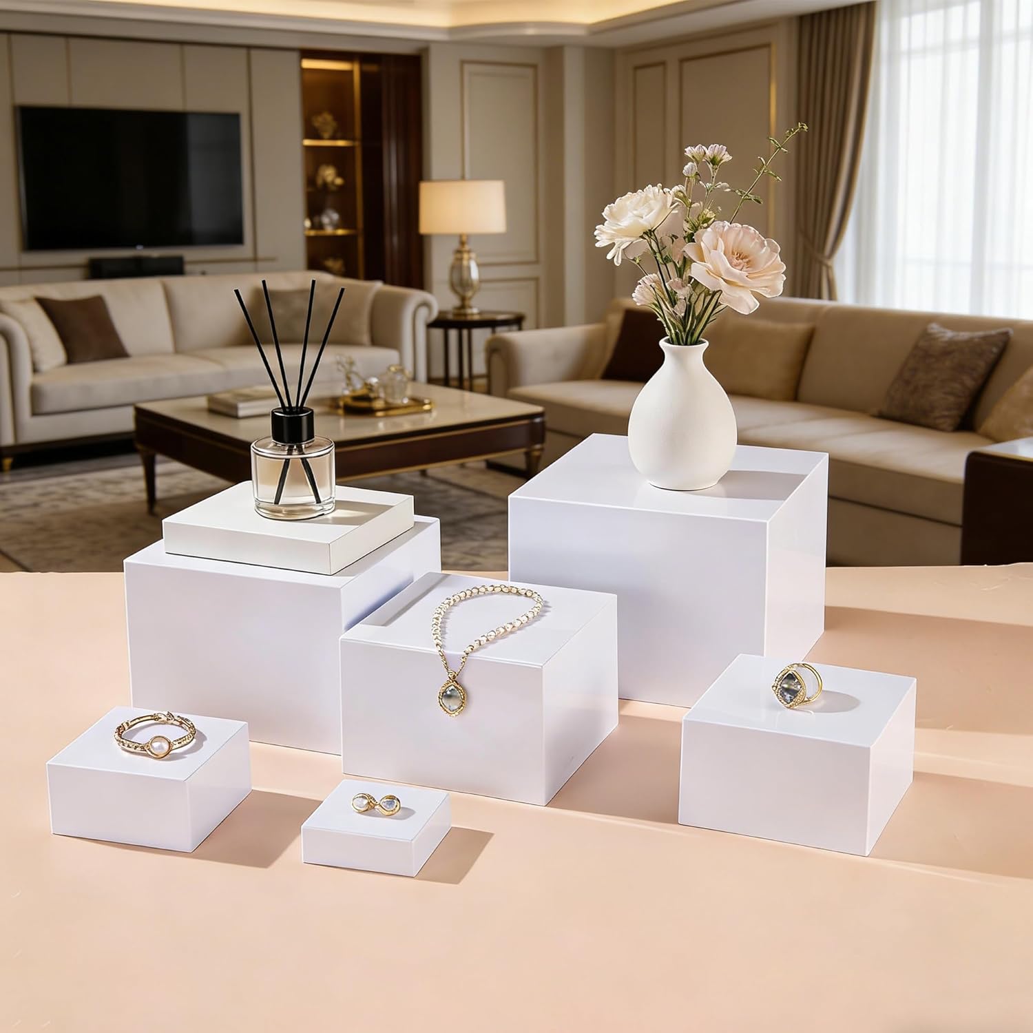 6PCS White Food Risers Set for Buffet Table, Buffet Risers and Stands, Food Stands for Party Catering Dessert , Acrylic Nesting Cube Boxes, Collectibles Jewelry Display Shelf (Size 8" 7" 6" 5" 4" 3")