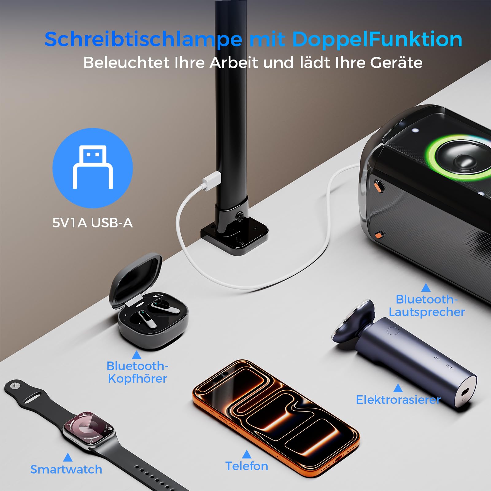 Schreibtischlampe LED Dimmbar - 1400LM 24W Doppelkopf Klemmbar Büroschreibtischlampe mit Fernbedienung, 80CM Schwanenhals Schreibtisch Lampe Tageslichtlampe mit Ladefunktion, Schwarz T01