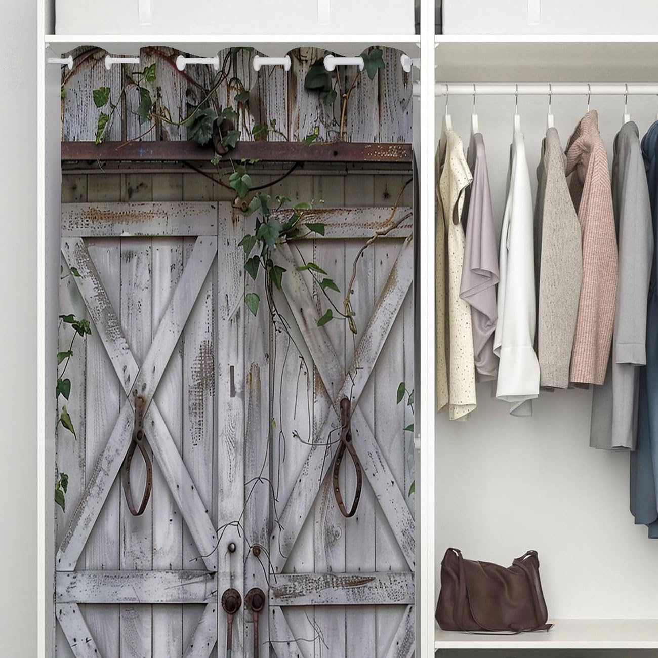 Rustic Wooden Barn Door Doorway Curtain, Farmhouse Wood Board Plank Country Vintage Green Leaves Closet Door Cover Curtain for Privacy Bedroom Doorway Living Room, 1 Panel 34" W X 80" L