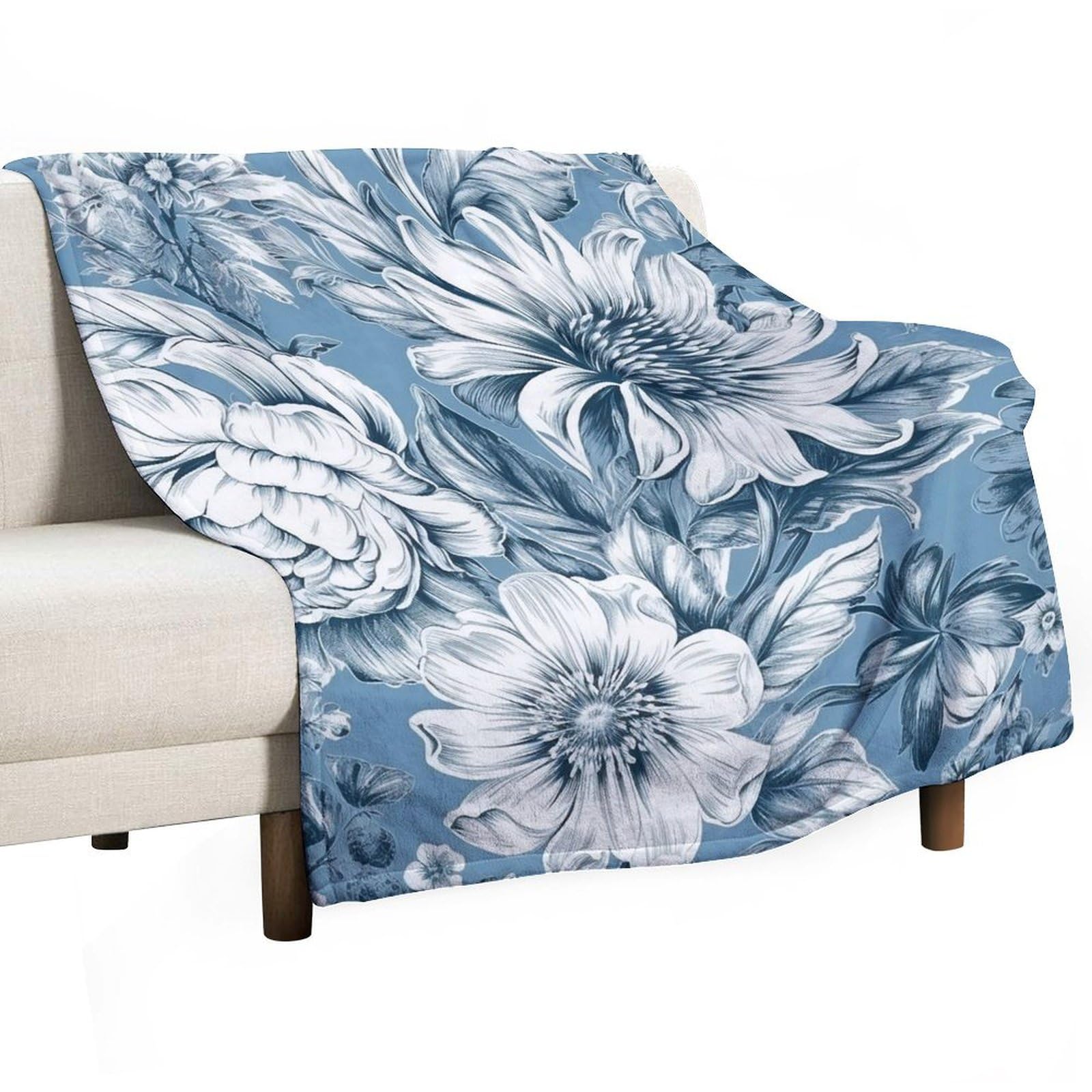 Couverture personnalisée flanelle luxueuse plaid doux lit motif fleuri bleu