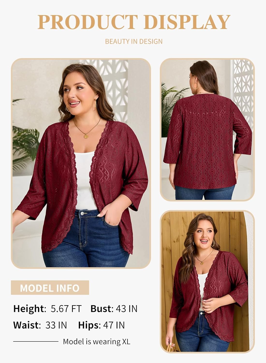 Eytino Plus Size Cardigan for Women Summer Casual Loose Half Sleeve Knit Jacquard Fashion Lace Open Front Tops(1X-5X) - Image 3