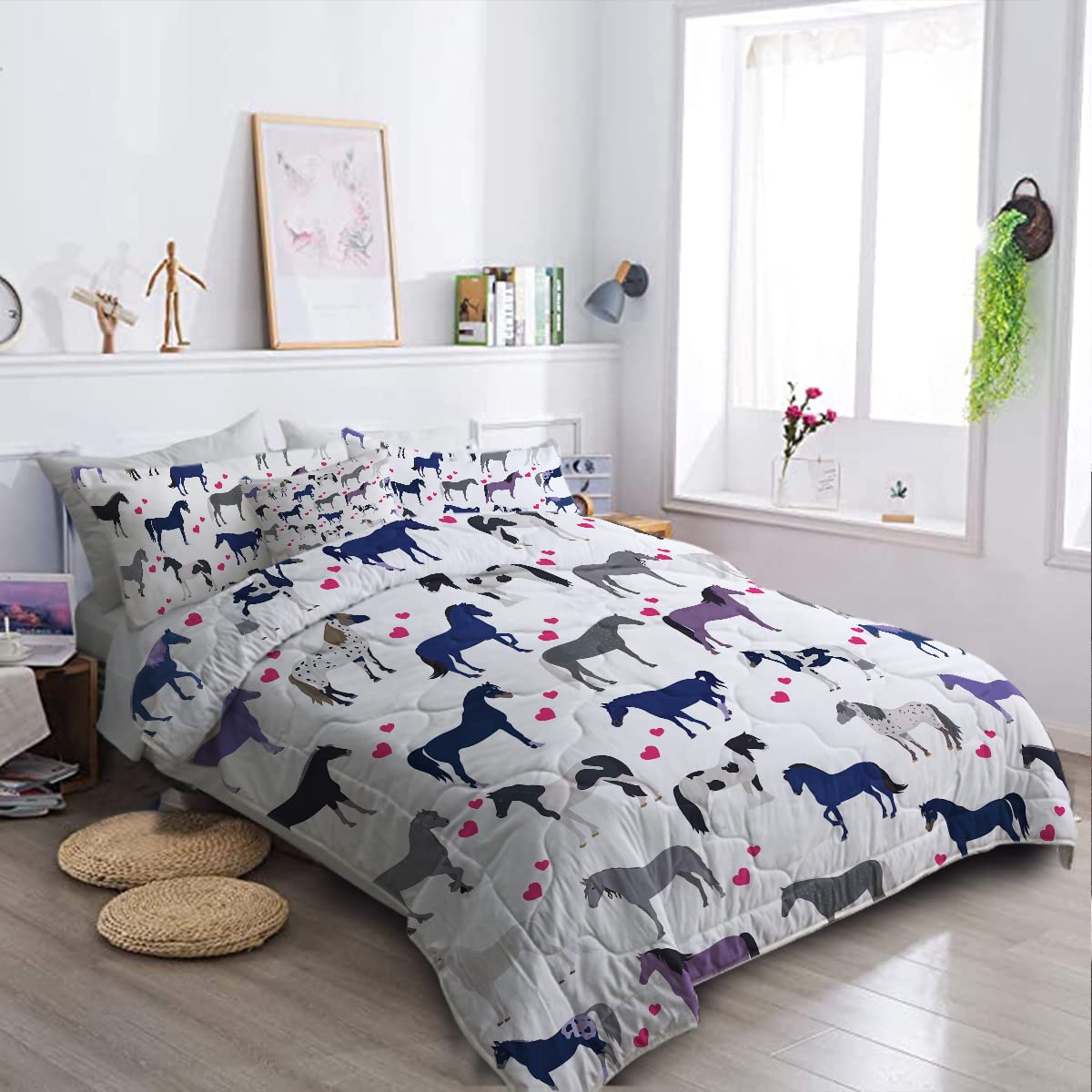 BlessLiving Horse Comforter Set Full Horse Bedding for Girls 8 Piece Animal Bed in A Bag - 1 Comforter, 2 Sham, 1 Flat Sheet, 1 Fitted Sheet, 1 Cushion Cover, 2 Pillowcase (Navy Blue Purple Horse)