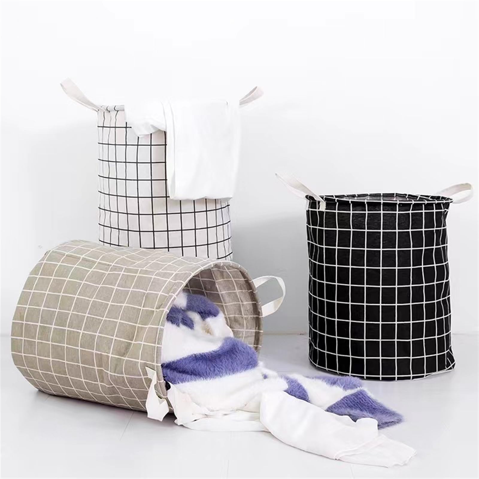 MRKU Cesta de Ropa Plegable Almacenamiento doméstico Cubo de Juguetes para Ropa Sucia Tela a Cuadros Algodón Lino Ropa Sucia Grande Plegable Impermeable