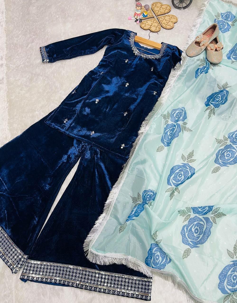 Girls Navy Blue Salwar Kameez Set with Printed Dupatta | Ethnic Party Wear Suit for Kids