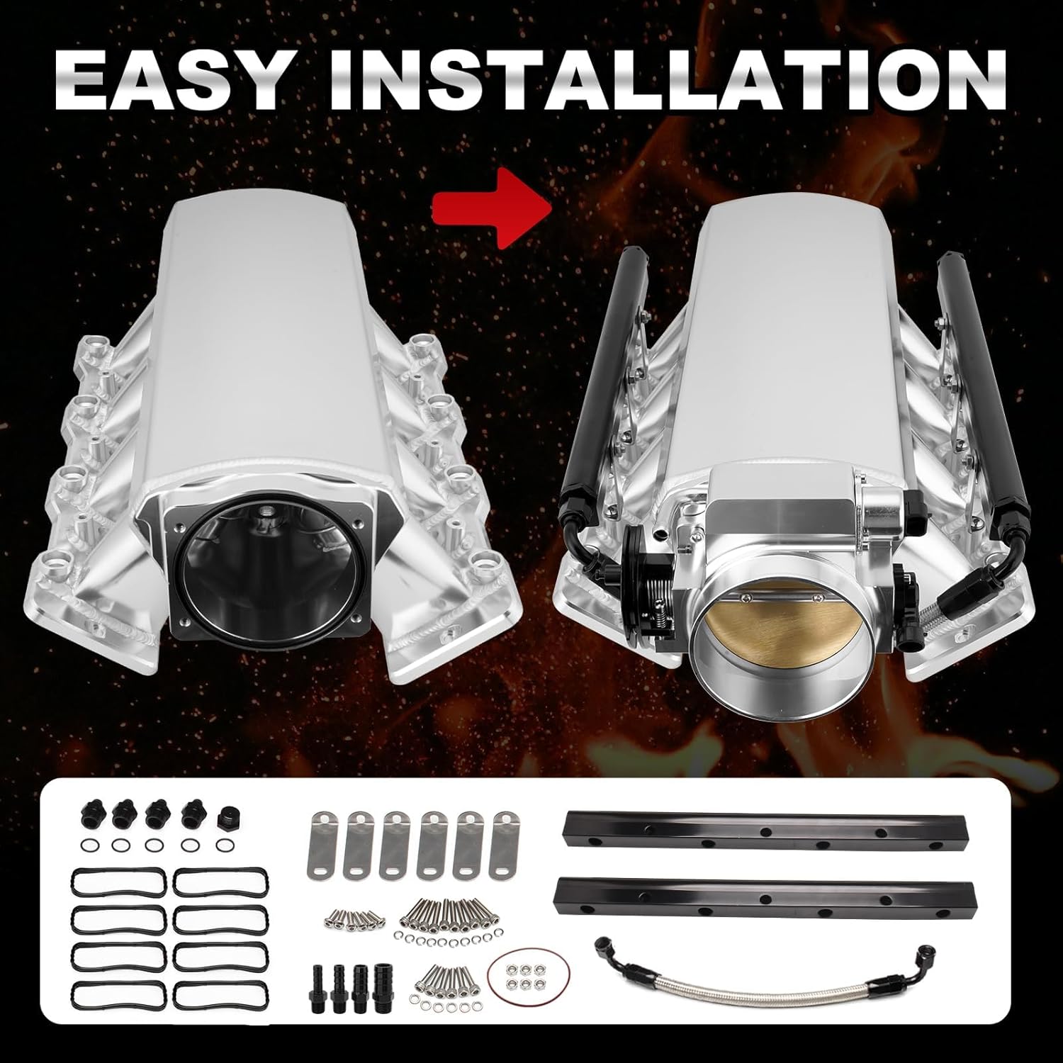 92MM Intake Manifold Sheet Metal Fabricated EFI with Fuel Rails and Throttle Body & Throttle Position Sensors TPS IAC Compatible with Chevrolet GMC Pontiac LS LS1 LS2 LS6 Silver