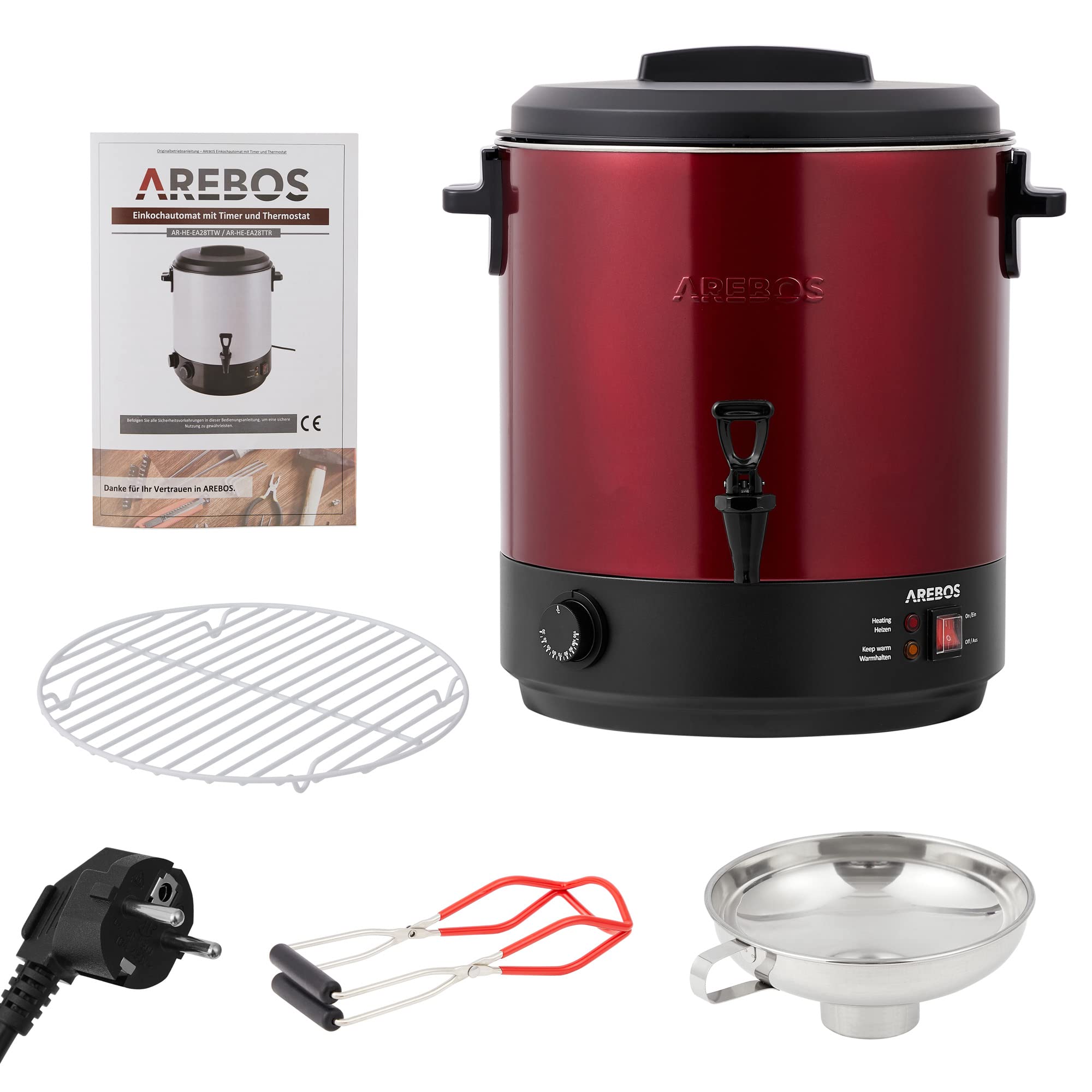 Arebos Einkochautomat 2500 W | Einkochtopf 28 L | mit Thermostat & Überhitzungsschutz | stufenlose Temperatureinstellung 30-110°C | Glühweinkocher | inkl. Einmachglasheber & Einmachtrichter | Rot