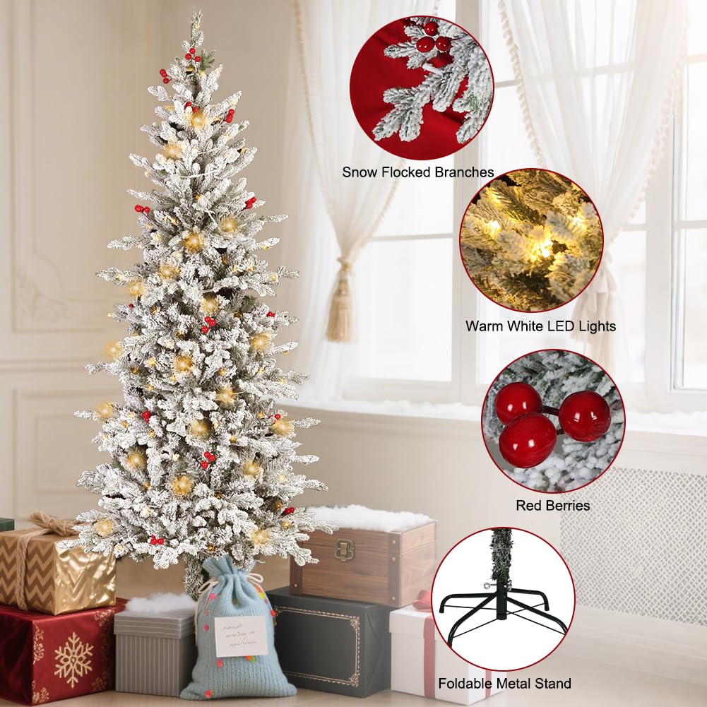 Albero di Natale artificiale preilluminato da 185 cm, albero di Natale a matita sottile con 200 luci LED bianche e calde, punte dei rami, decorazione natalizia per interni, esterni, casa e ufficio.