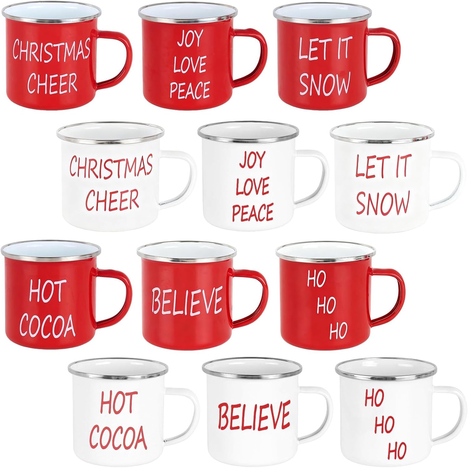 Set of 12 Christmas Mugs 12 Oz Winter Coffee Mugs Gifts Bulk with Quotes Red and White Xmas Hot Cocoa Tea Enamel Cups for Christmas Holiday Winter Women Coworkers Gifts Party Camp Supplies