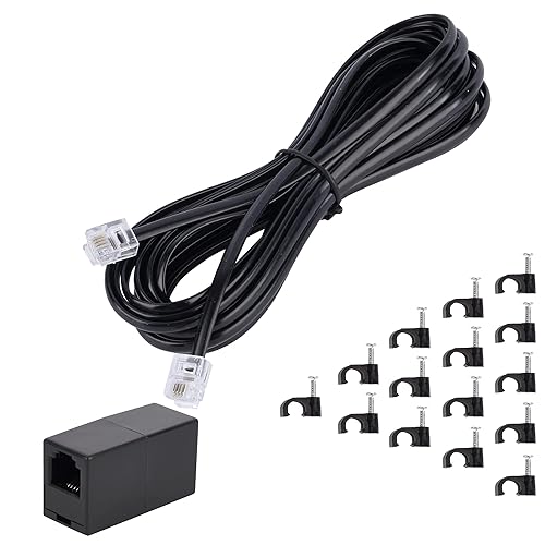 Miniatura 10 de Cable de extensión de teléfono de 15 pies, cable de línea telefónica con conector RJ11 estándar y 1 acoplador de línea y 15 soportes de clip