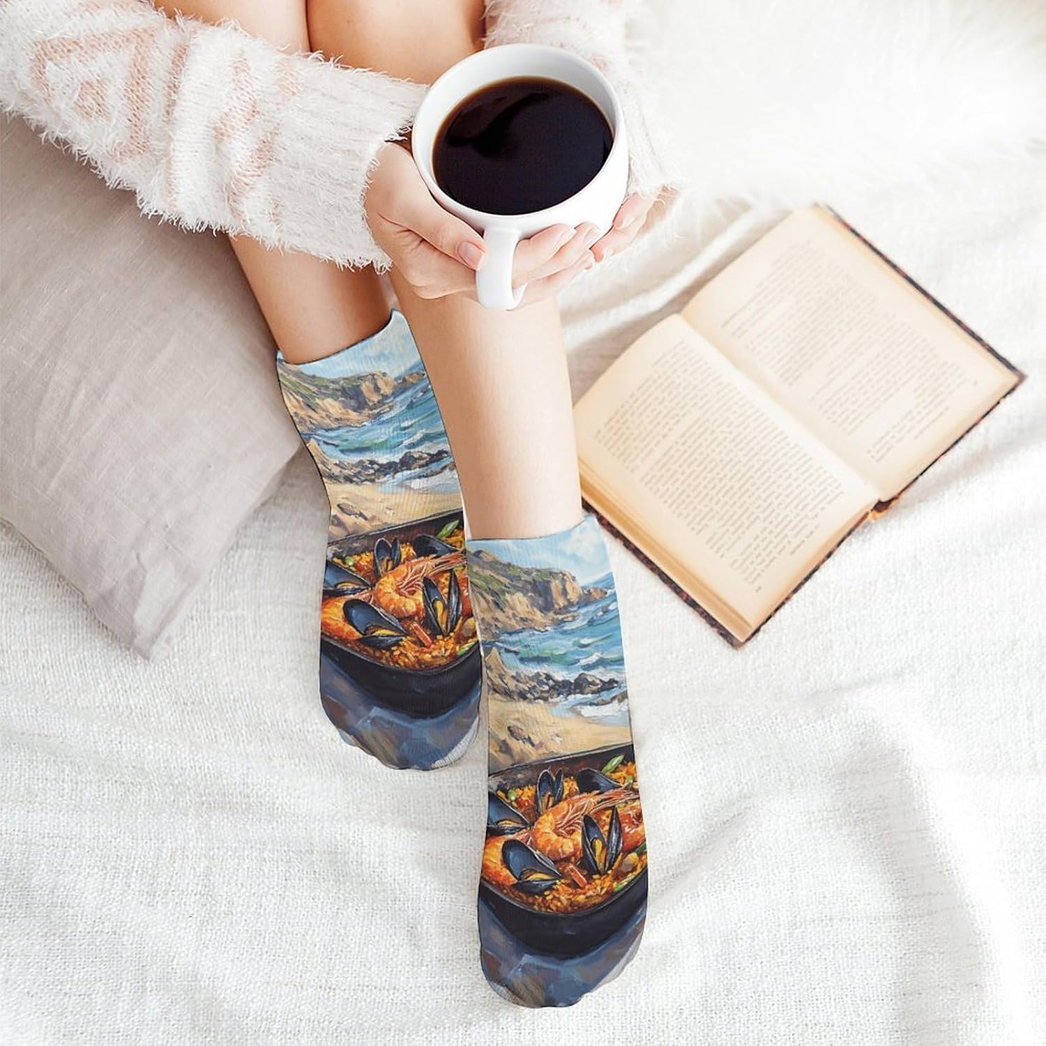 Red Wine Paella with Sea View No Show Ankle Socks Low Cut Non Slip Flat Boat Line 5 Pairs Set
