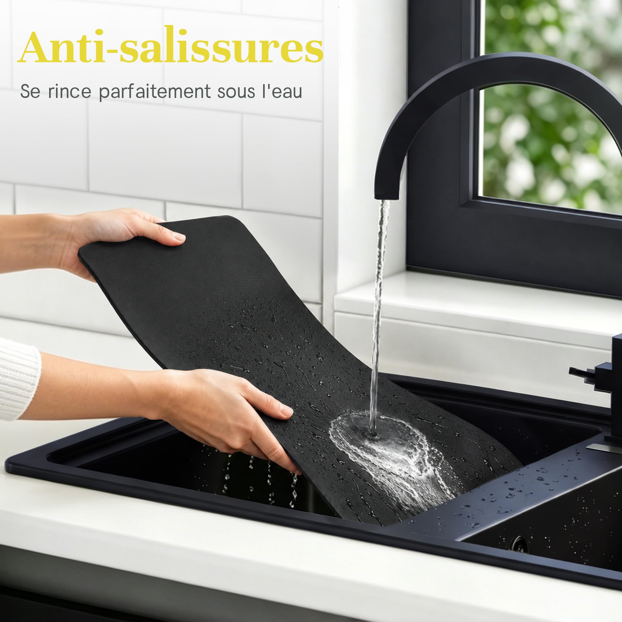Tapis Absorbant Vaisselle et Egouttoir INOX, Grand, Noir | Tapis de sechage vaisselle facile à nettoyer avec egouttoir vaisselle inox. Parfait pour plan de travail.