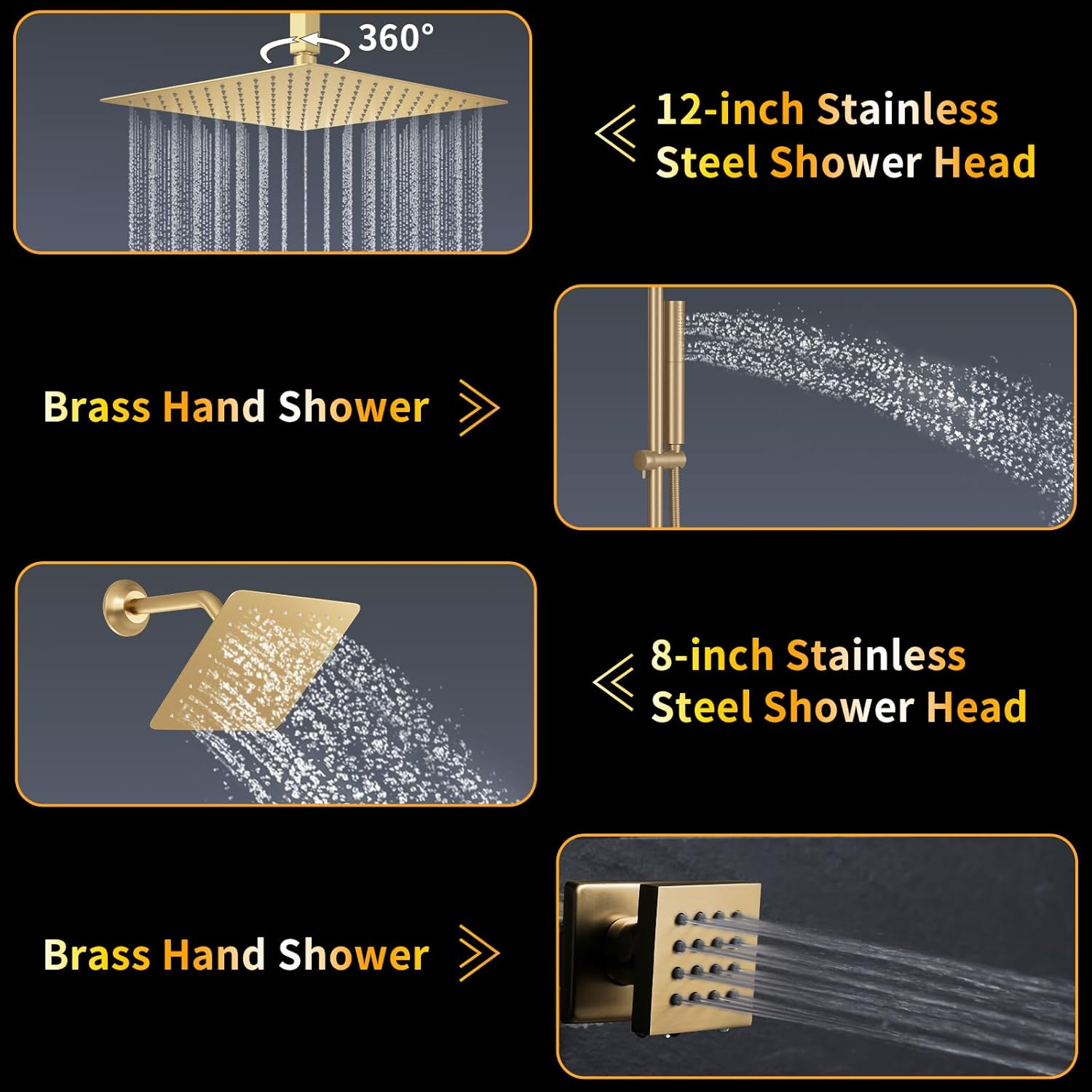 AYIVG Brushed Gold Thermostatic Dual Rainfall Full Body Shower System with 2 In 1 Hand shower Wand Adjustable Slide Bar 12 Inch and 8 Inch Rain Shower Head 6 Jets Temperature Display Shower Faucet Set