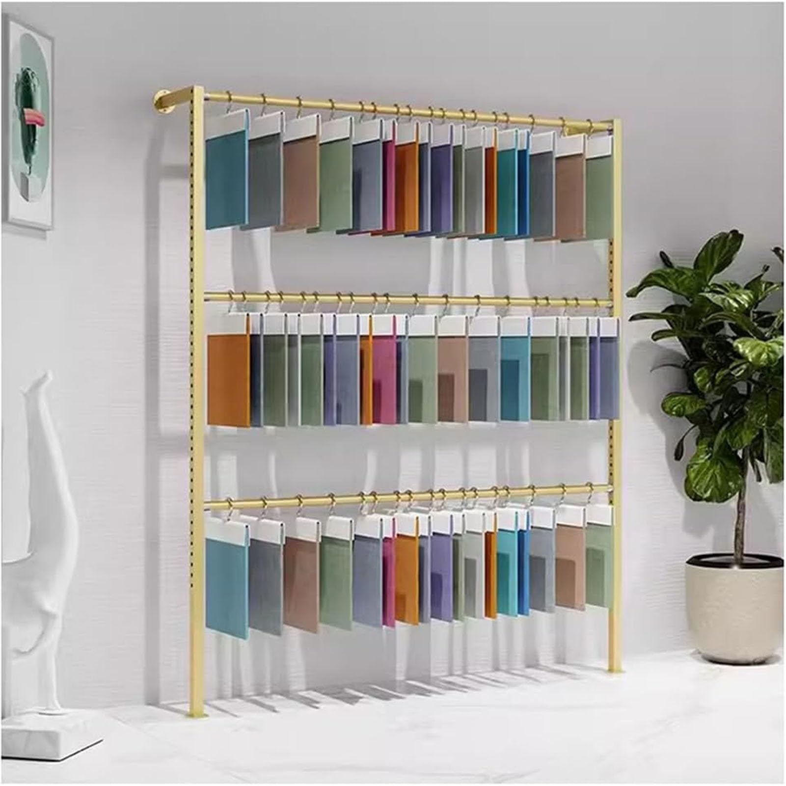 Generico Espositore da Parete in Tessuto Dorato - Espositore per Campioni di Tessuti per la casa con Tende Aperte, Porta Sciarpe per Scialli, Lenzuola e Tende, Design in Metallo Commerciale - 300x25x