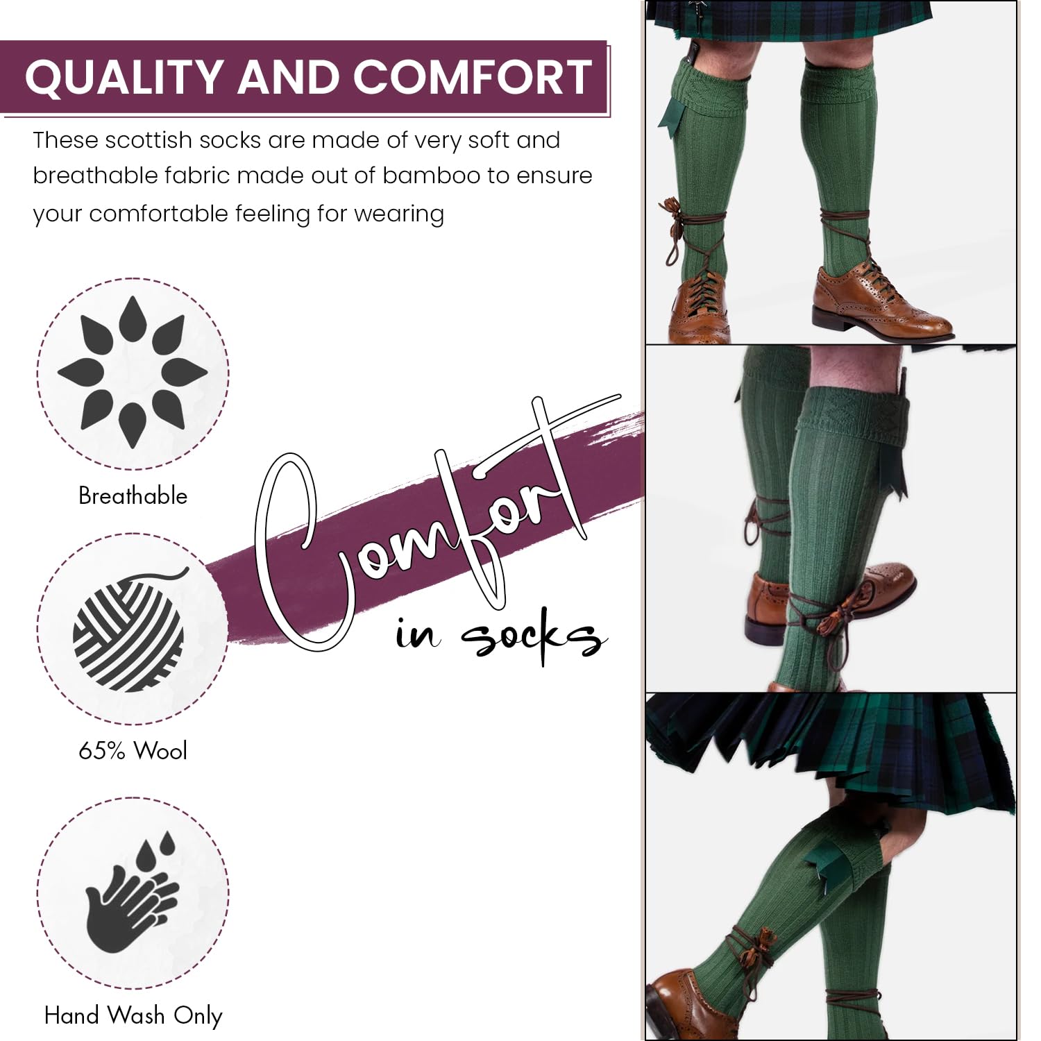 HiFEN® Chaussettes écossaises traditionnelles en laine pour homme - Chaudes et confortables - Pour le sport - Pour mariage - 39-45