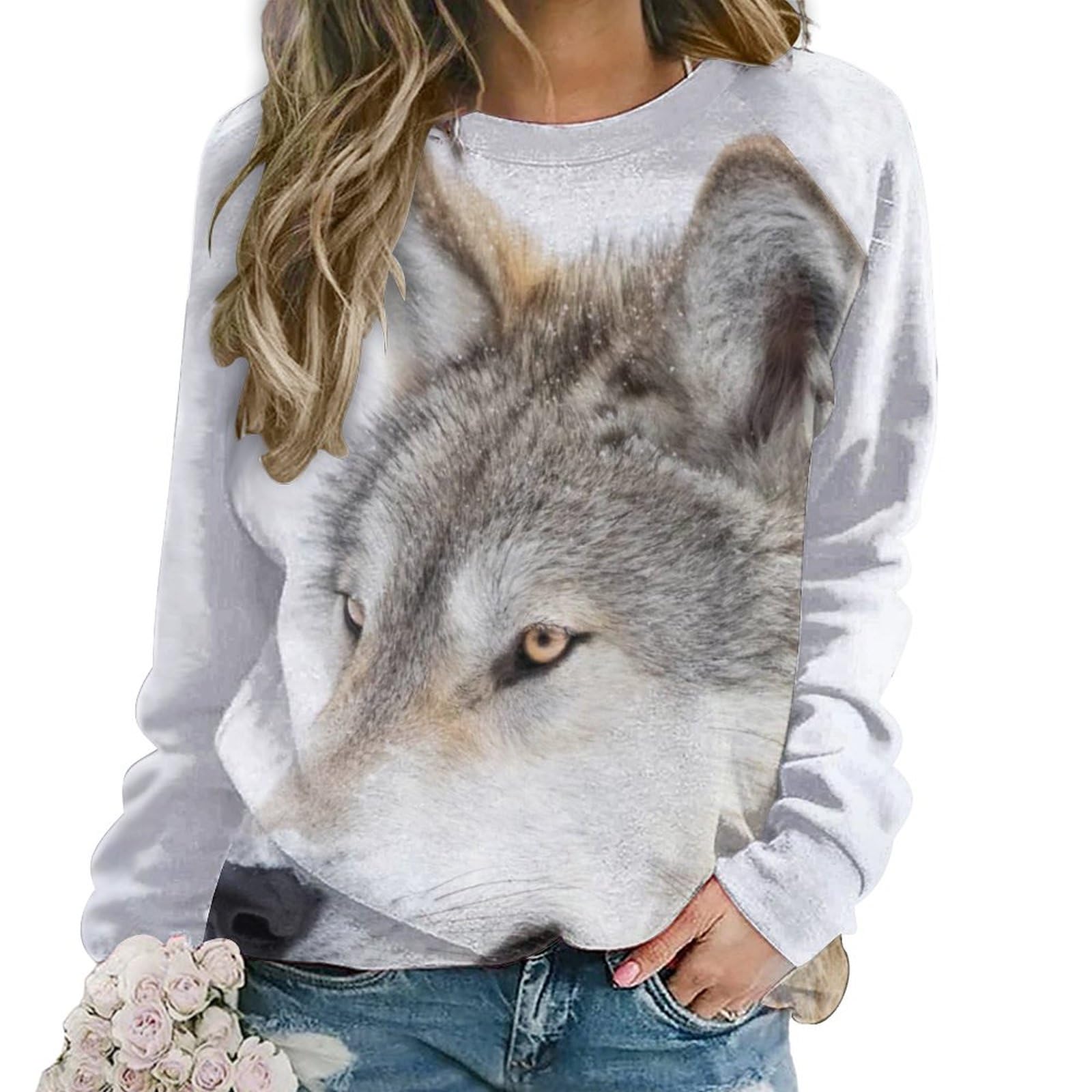Dgsxynth Women's Brown Wolf Casual Jumper, Sweatshirts For Crewneck Long Sleeve Top