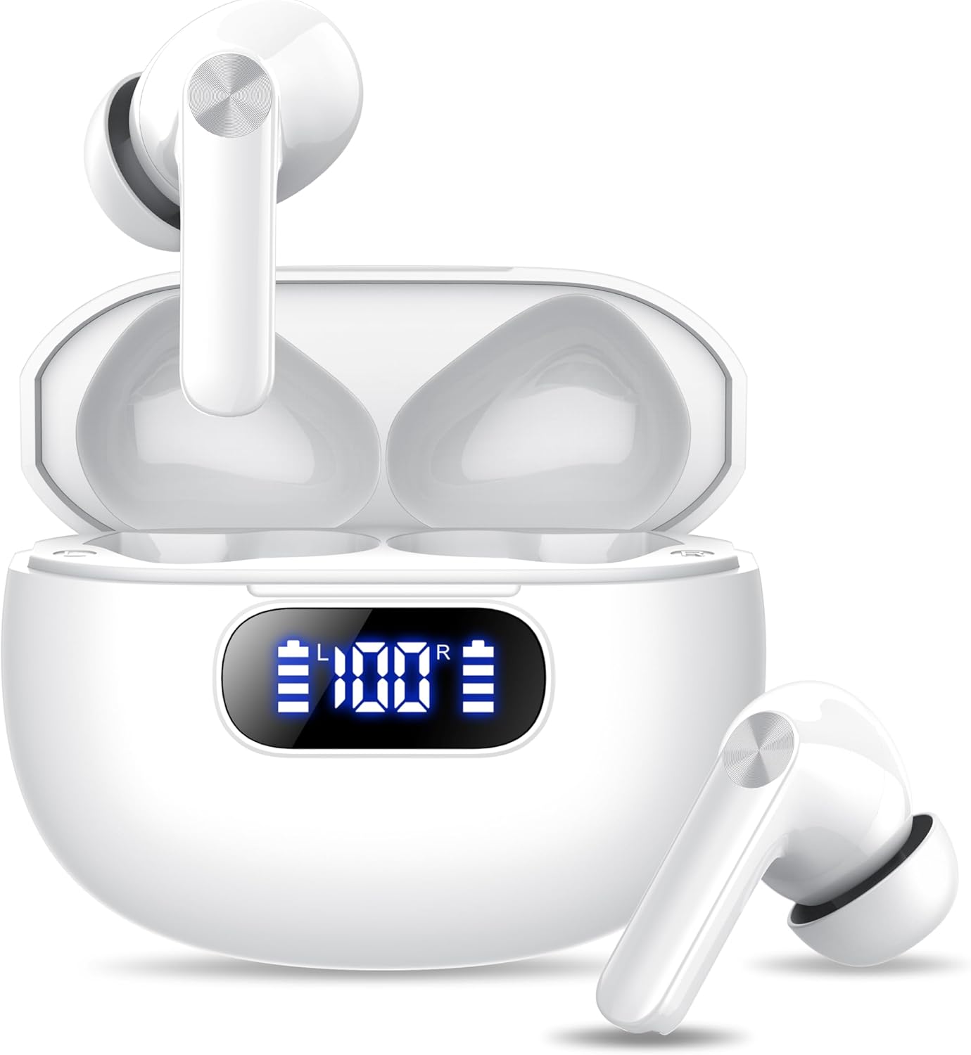 Working Condition Verified Wireless Earbuds, Bluetooth 5.3 Headphones LED Power Display, 2025 New Wireless Earphones, 4 ENC Noise Cancelling Mic, HiFi Stereo, 48H Playtime Mini Case IP7 Waterproof for Work & Play Ivory white