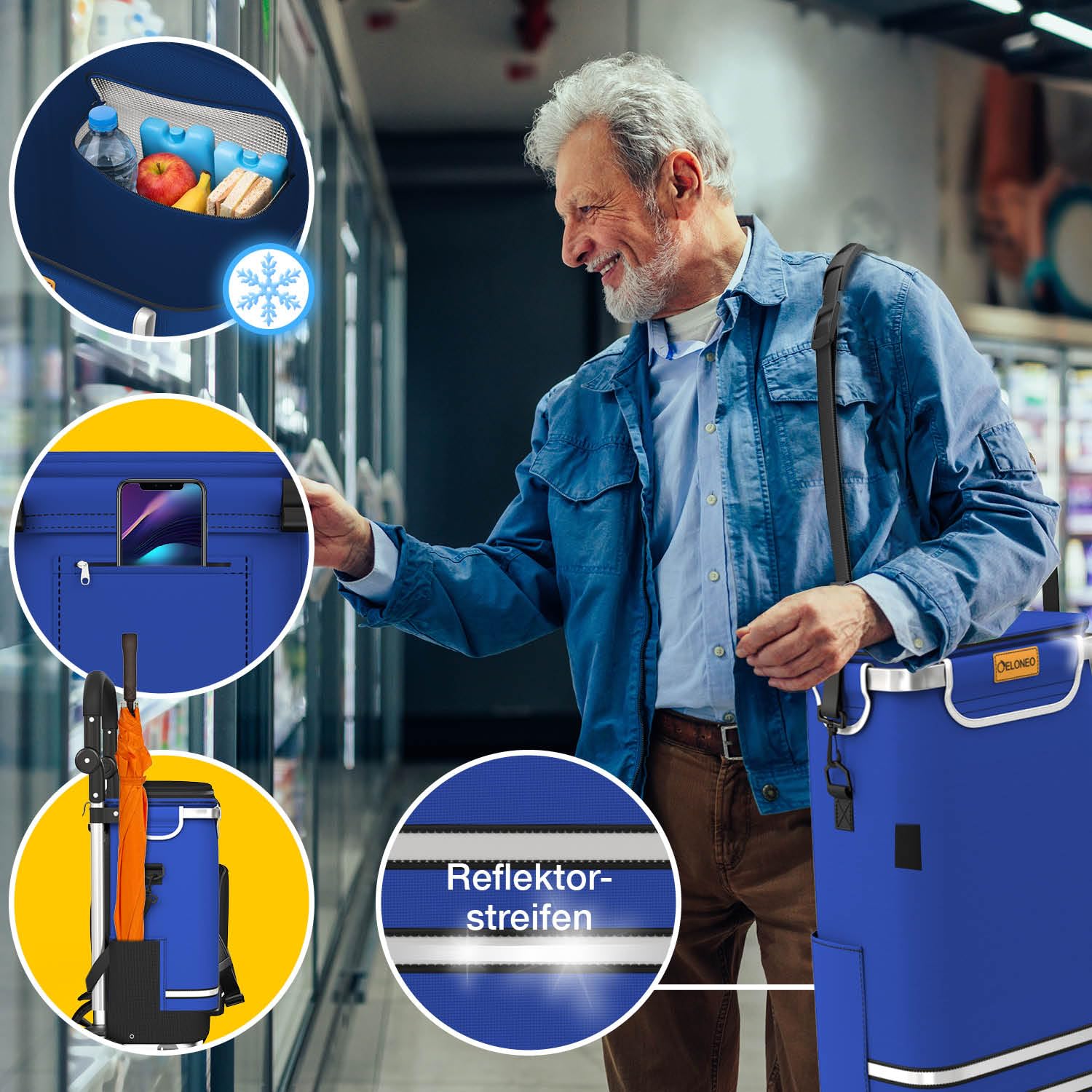 ELONEO Einkaufstrolley klappbar, Einkaufswagen mit Kühlfach, 3in1 Trolley, Sackkarre & Umhängetasche, Einkaufsrollwagen, Shopping Trolley 56L Kapazität & Einkaufschip, Hackenporsche Blau