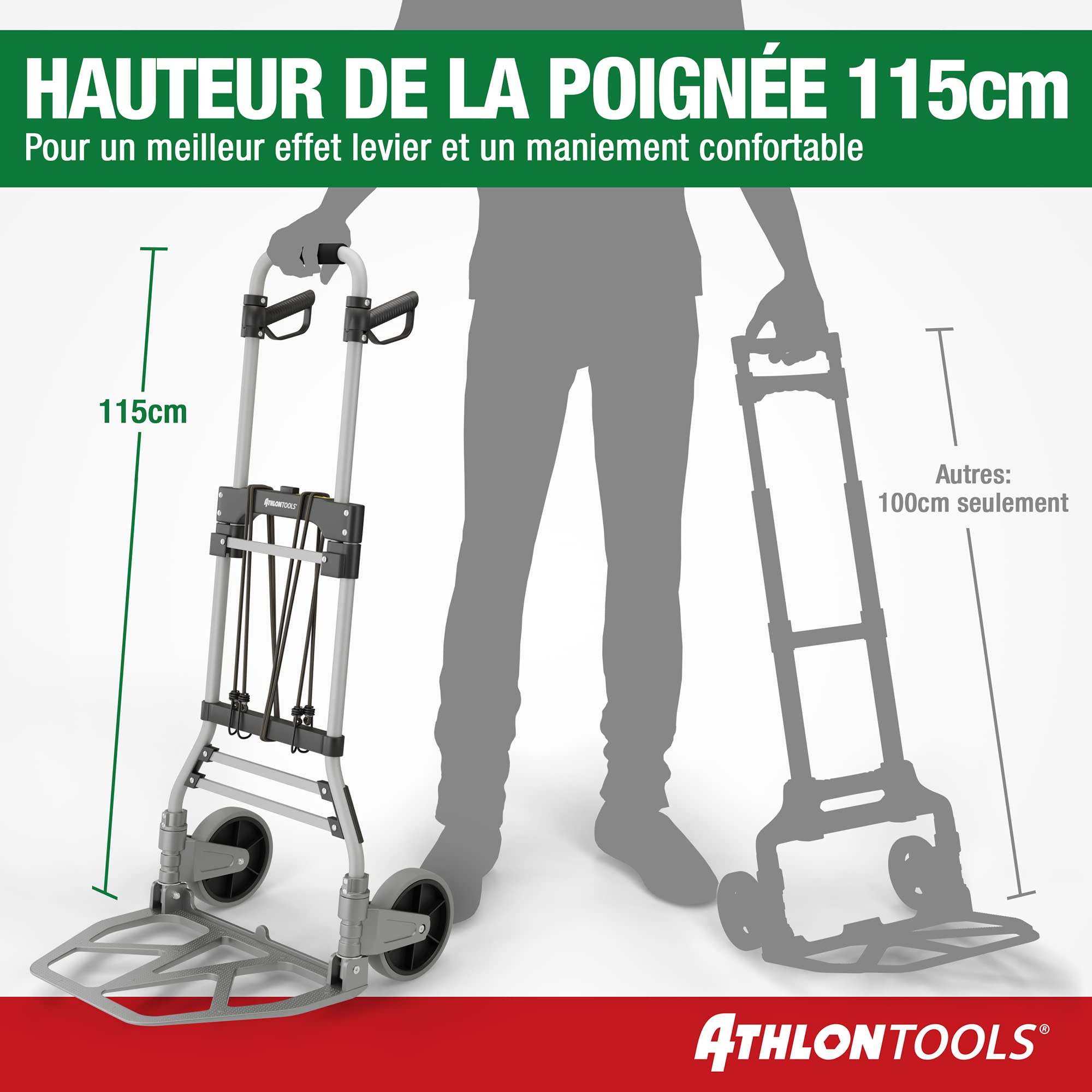 ATHLON TOOLS Diable Pliant en Aluminium pour Charge Lourde TÜV GS-certifié| Grandes Roues maniables avec Surfaces de roulement Souples | y Compris 2 Cordons Extensibles - modèle 2025