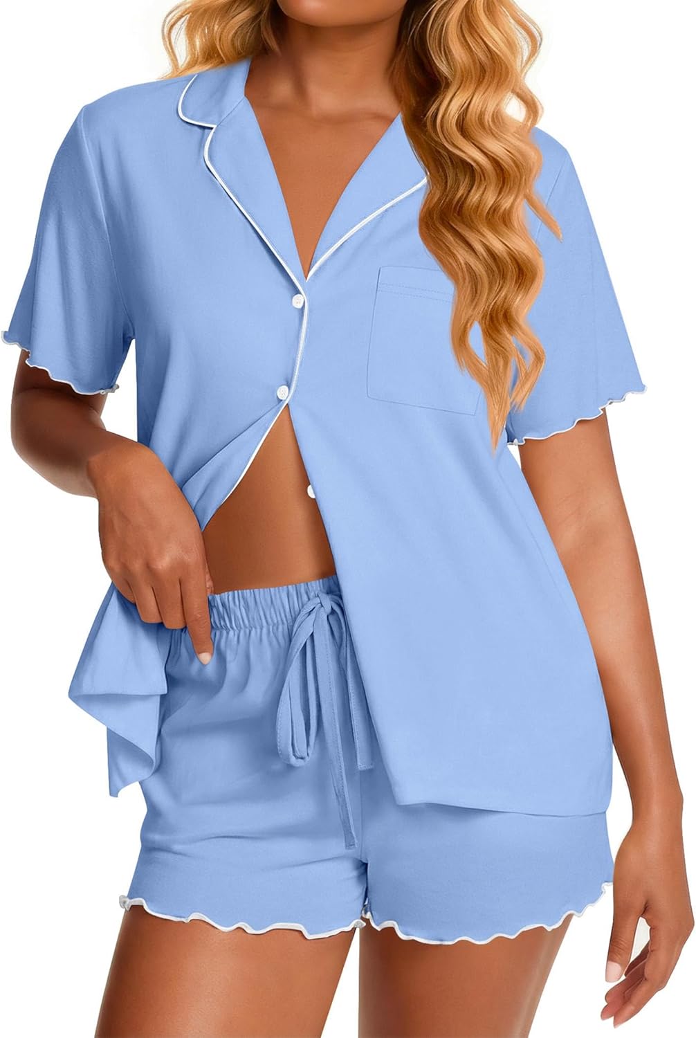 Ekouaer Viscose from Bamboo Women Pajama Sets Button Up Cooling Pjs Short Sleeve Ruffle Sleepwear 2 Piece Lounge Shorts Set