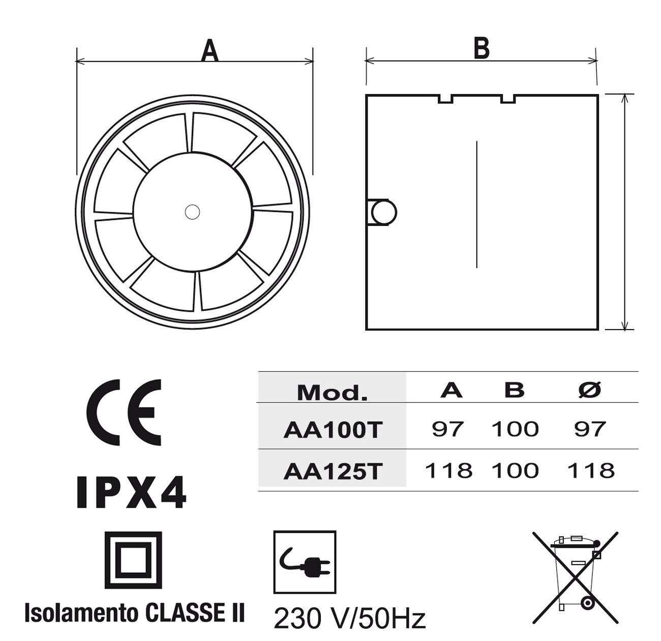 La Ventilazione AA125T Aspiratore Elicoidale per Condotti di Aerazione, diametro 120/125 mm