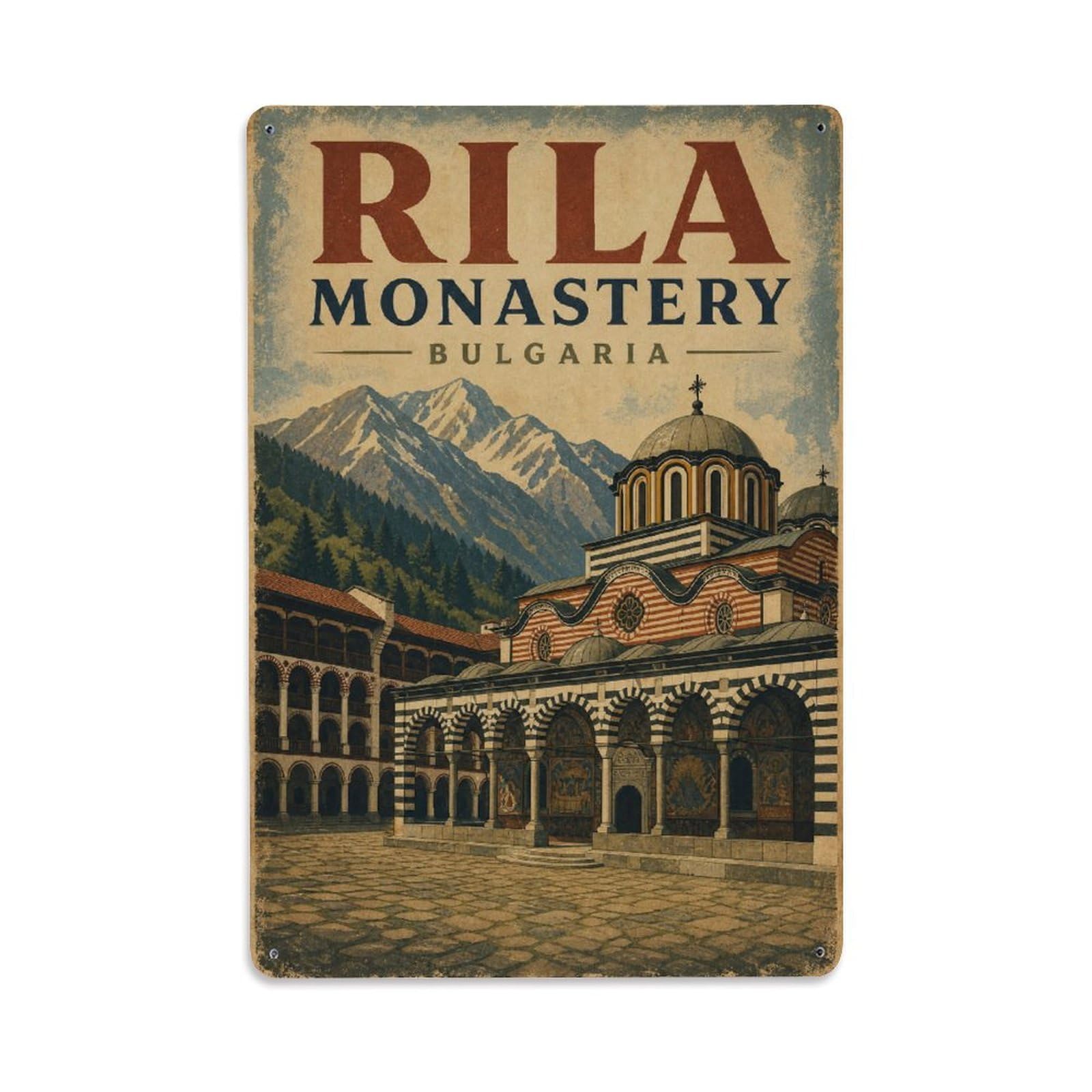 Retro Travel Bulgaria Rila Monastery Metal Tin Sign Plaque Wall Decor for Cafe, Club Bar, Office, Garden Metal Poster 8x12Inch