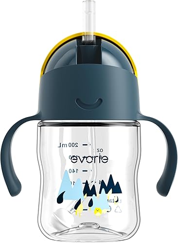 Evorie Tritan - Vaso para beber con popote con peso con asas para bebés y niños pequeños, botella de agua a prueba de derrames con popote para 6