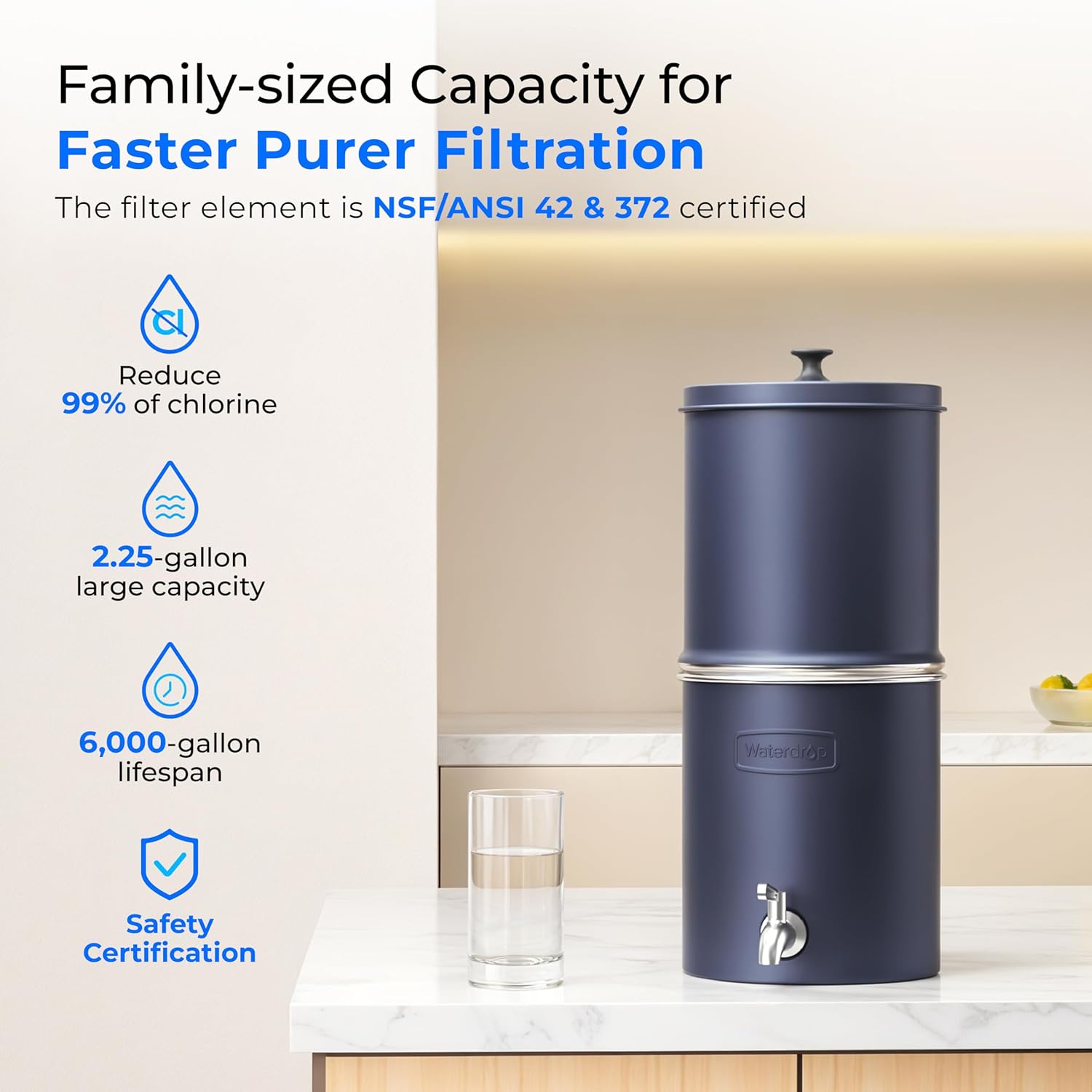 Waterdrop 2.25G Gravity Water Filter System, NSF/ANSI 42&372 Standard, Stainless Steel System with 4 Carbon Filters, Reduces 99% of Lead and Chlorine for Home, Camping, Emergencies,