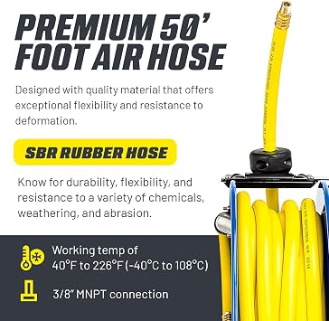 Goodyear Air Hose Reel Retractable 3/8 Inch x 50' Foot SBR Rubber Hose Max 300PSI Heavy Duty Industrial Steel Single Arm Construction | Retractable air hose reel pairs a SBR Rubber Hose Max 300PSI Heavy Duty Industrial for Garage or Car Workshop