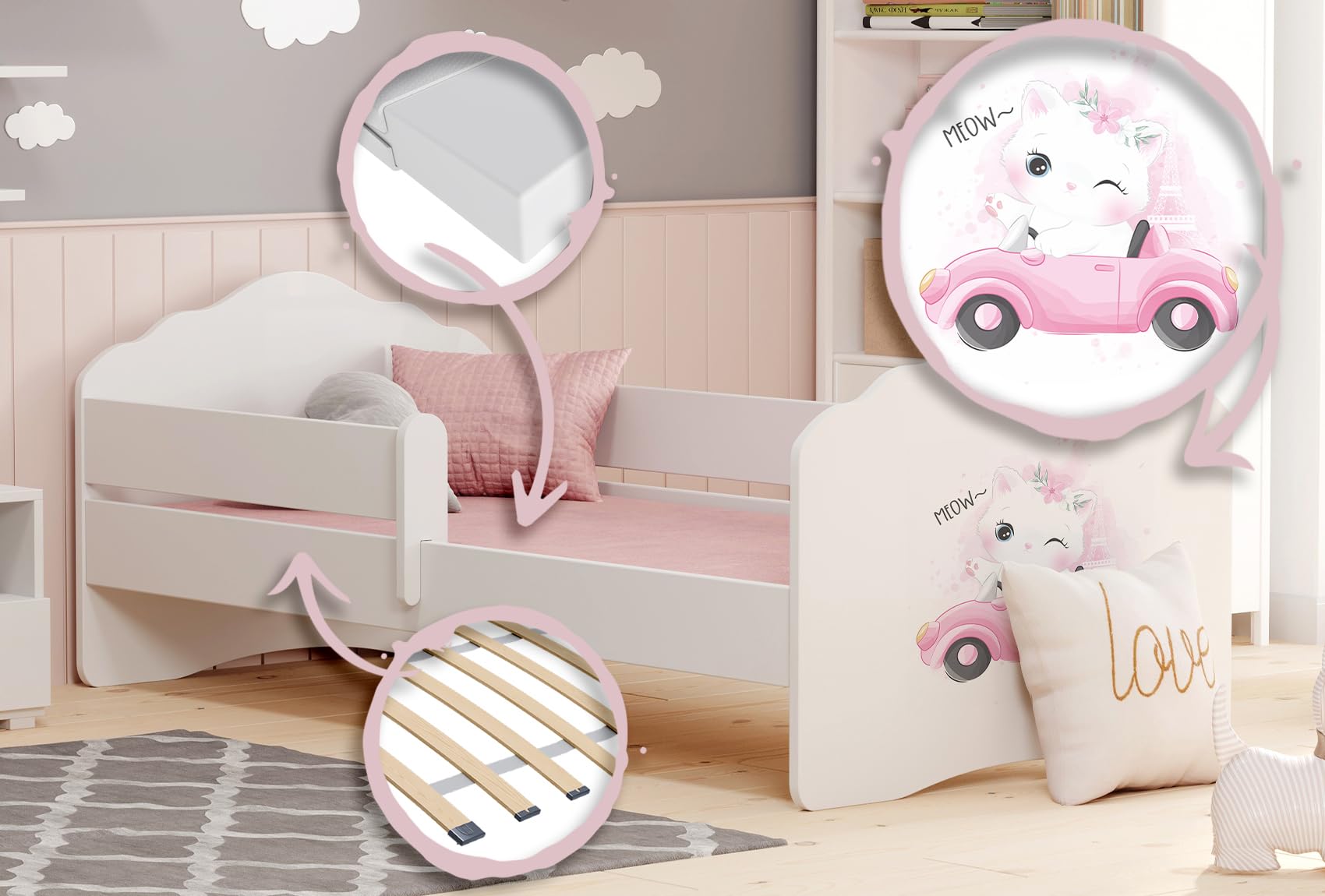 KOBI Fala Kinderbett mit Rausfallschutz | 160 x 80 cm | Kinderbetten mit Matratze Komplett Set | Einzelbett Kinder Bett | Mädchen Junge | Modern Weiss Kids Bed Children | Kinderzimmer Schlafzimmer