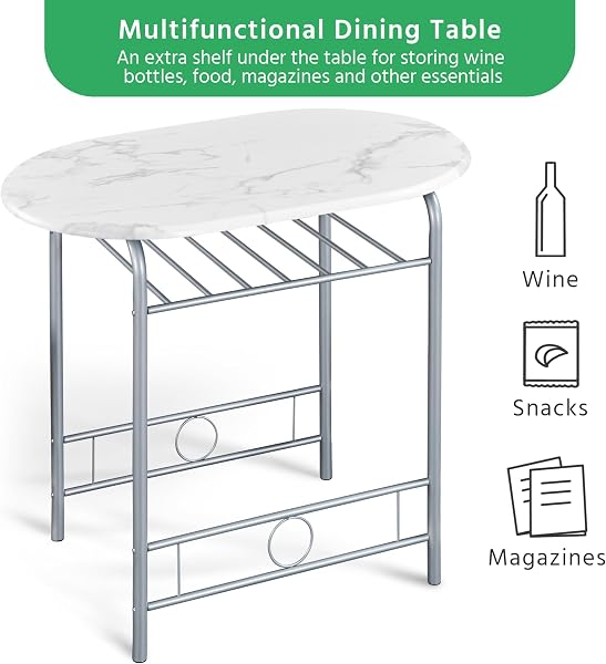Yaheetech 3 Piece Modern Dining Table Set, Kitchen Table and Chairs Set for 2, Space Saving Table Set, Breakfast Nook Table Set with Steel Legs and Storage Rack for Kitchen/Small Space, White - 5