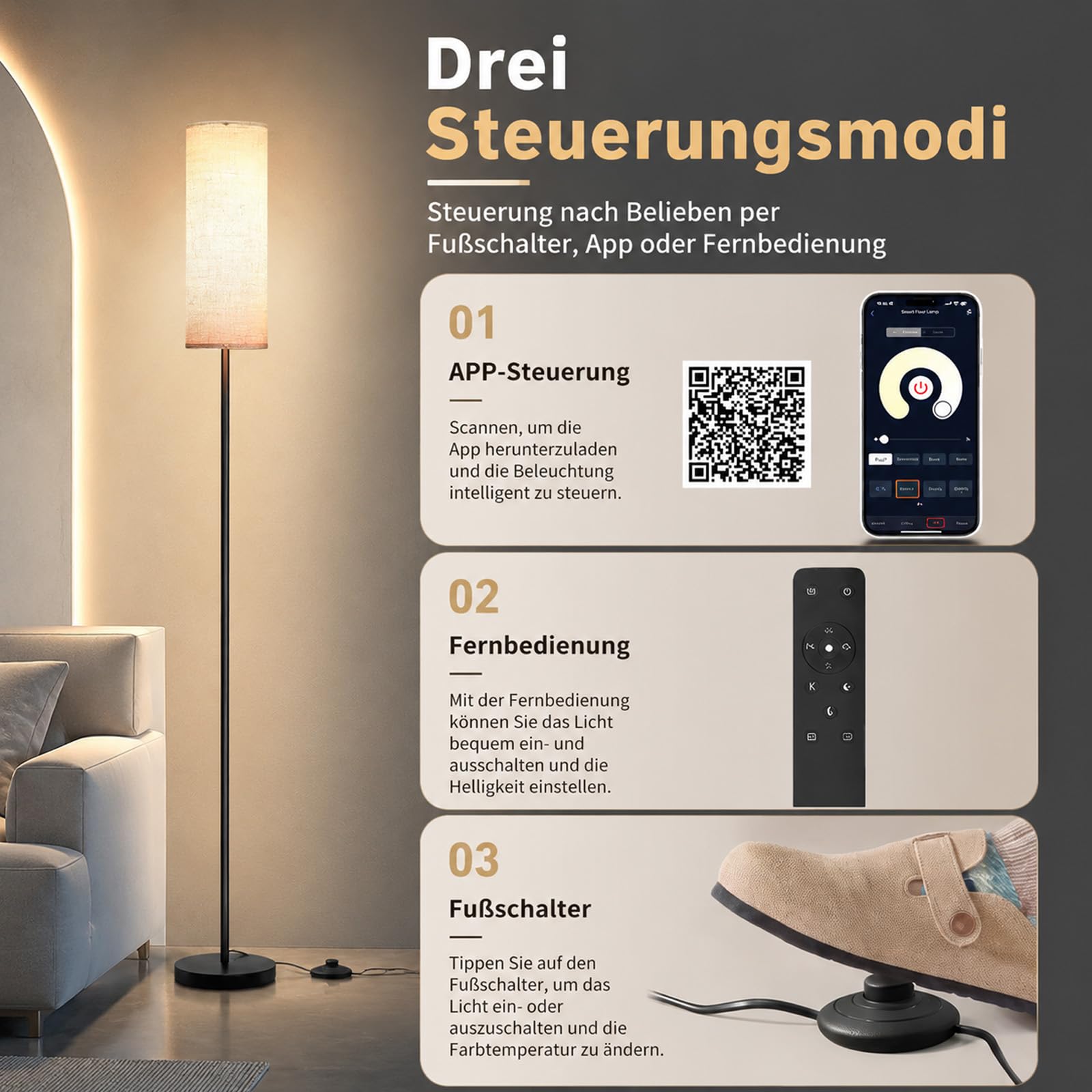 Stehlampe Wohnzimmer, Stehlampe Dimmbar, LED Leselampe mit APP-Steuerung& Fernbedienung& Fußschalter, Minimalismus Stehlampen mit Leinen Lampenschirm 3 Farbtemperaturen Für Schlafzimmer, Wohnzimmer