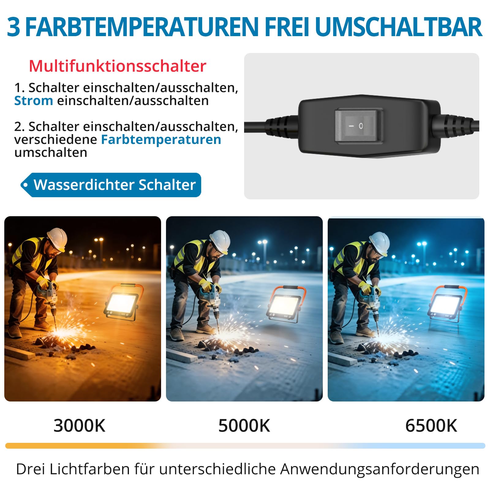 AUTOUTLET Baustrahler LED mit Stativ 300W, 3 Farbtemperaturmodi & 5M Kabel | 27000LM Baulampe, 3000K/5000K/6500K, 118-174cm Höhenverstellbar Stativ, IP66 Wasserdicht, Abnehmbar, für Garage Baustelle