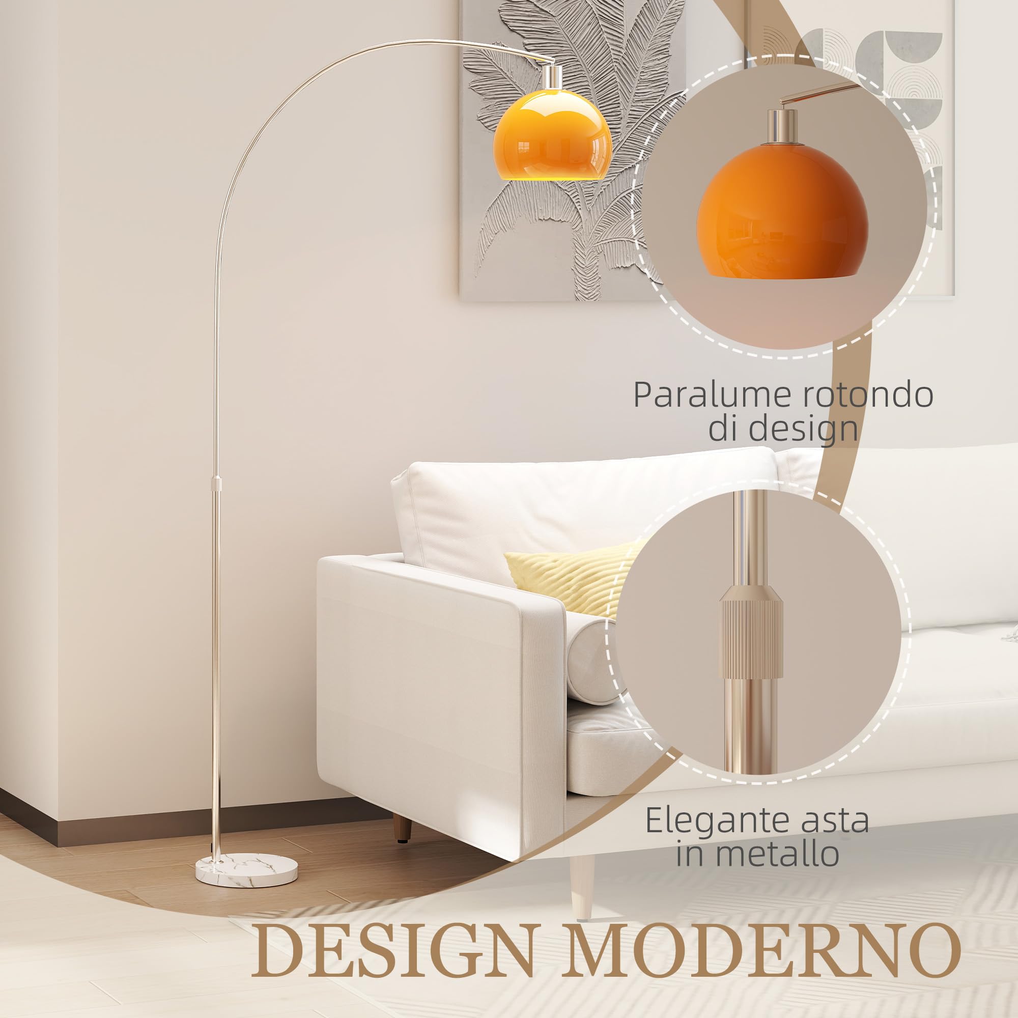 HOMCOM Lampada da Terra ad Arco Moderna 26x90x180 cm Bianco e Arancione | Interruttore a Pedale, Paralume Rotondo, Lampada da Terra Salotto, Marmo Metallo e Plastica