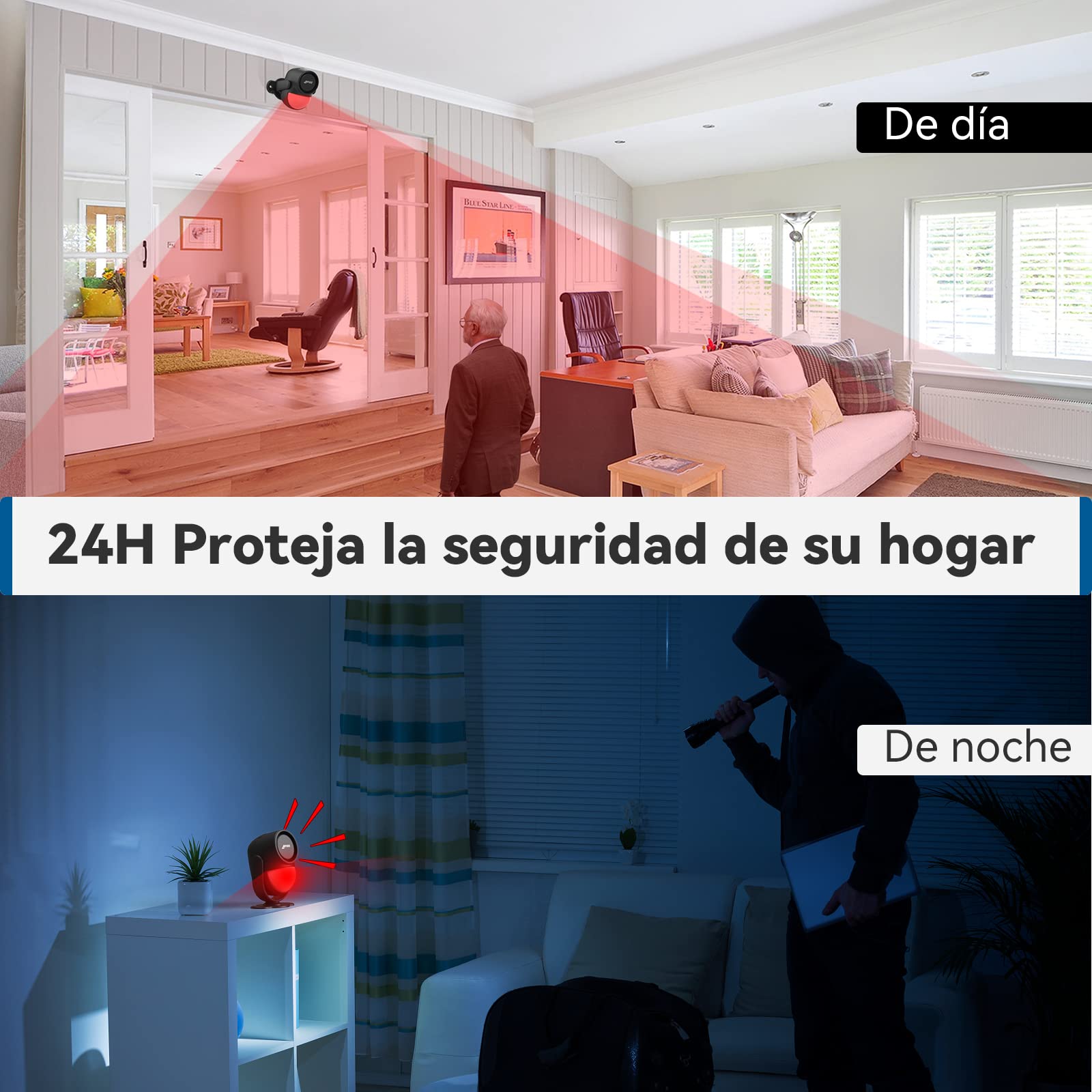 CPVAN Sensor de Movimiento, Sirena Alarma Casa para Puerta, Control Remoto Infrarrojo Sistema de Alarma Antirrobo -125dB -Accionado por Batería -Ideal para Interior de Tienda/Oficina/Casa, Negro