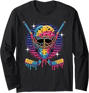 Hockey Goalie Mask Dripping Paint Vaporwave Drip Hockey Long Sleeve T-Shirt